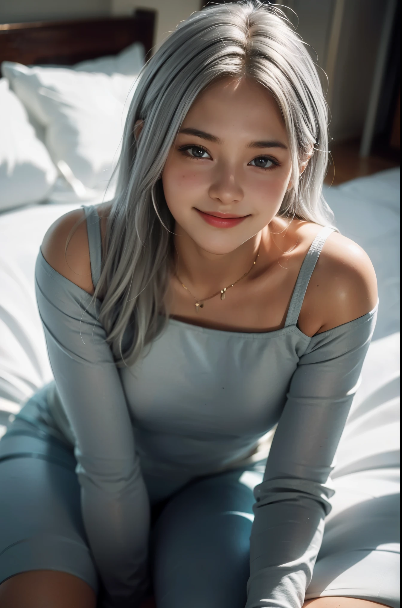 (1girl, 18 year olds),medium breasts, light silver hair, smiling, realistic photo, well-proportioned body, lying on a bed in a supine position, with thick pubic hair, legs spread open) (best quality, high-res, ultra-detailed), (vivid colors, natural lighting), (portrait, realistic painting), (soft, warm tones)
