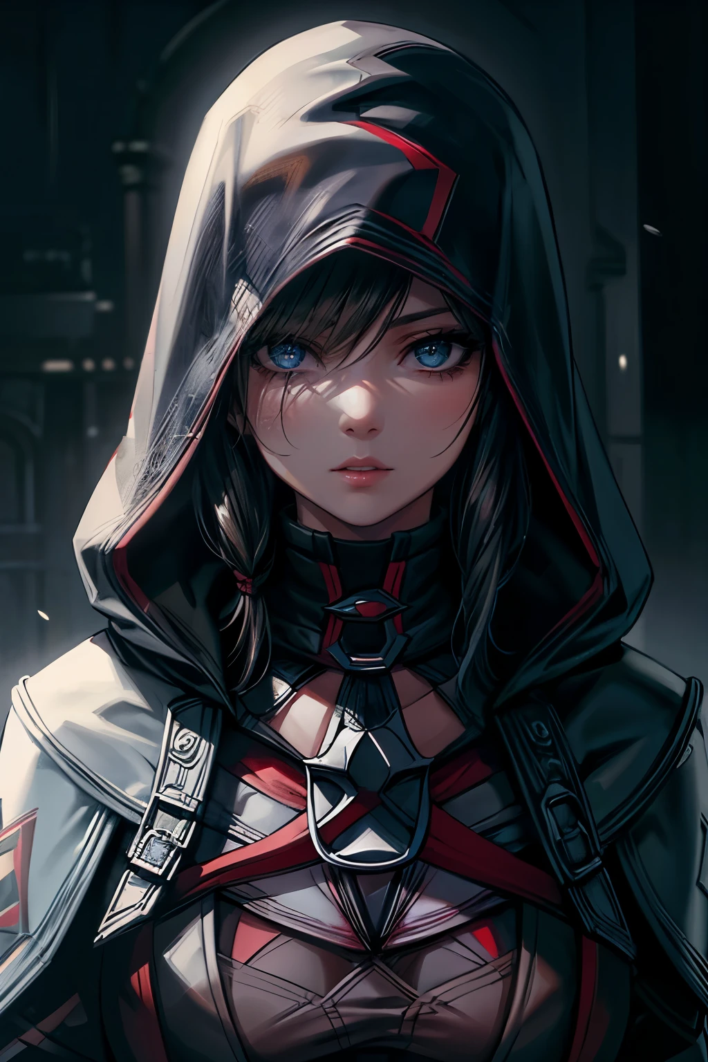best quality,ultra-detailed,realistic,assassin's creed woman, detailed face,detailed eyes,beautiful detailed lips,dark clothes,dark ambiance,background full of guardian,moody lighting,portrait style,subtle color palette