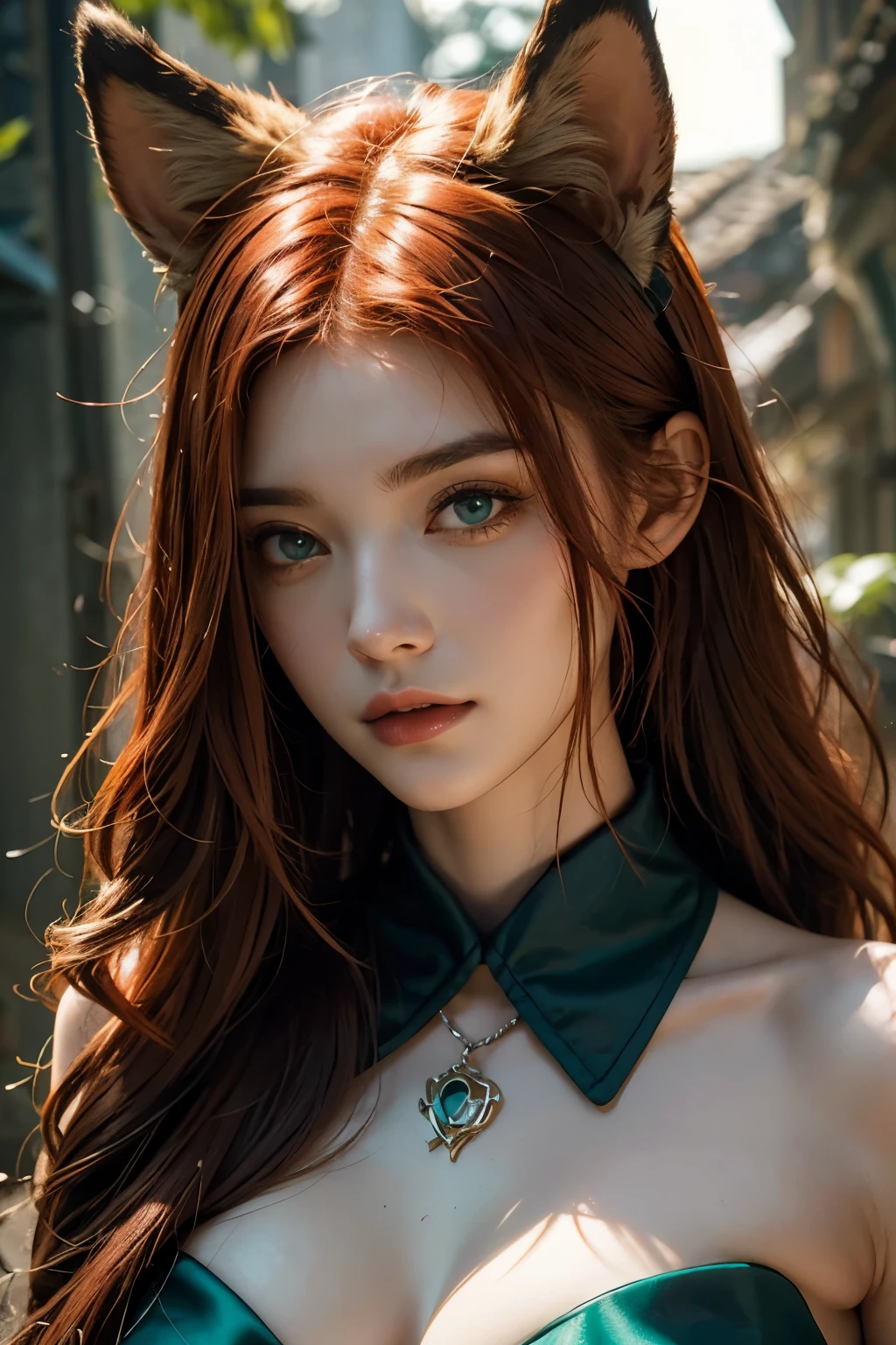 Beautiful sorcerer woman with fox ears, red hair, green eyes, mysterious look