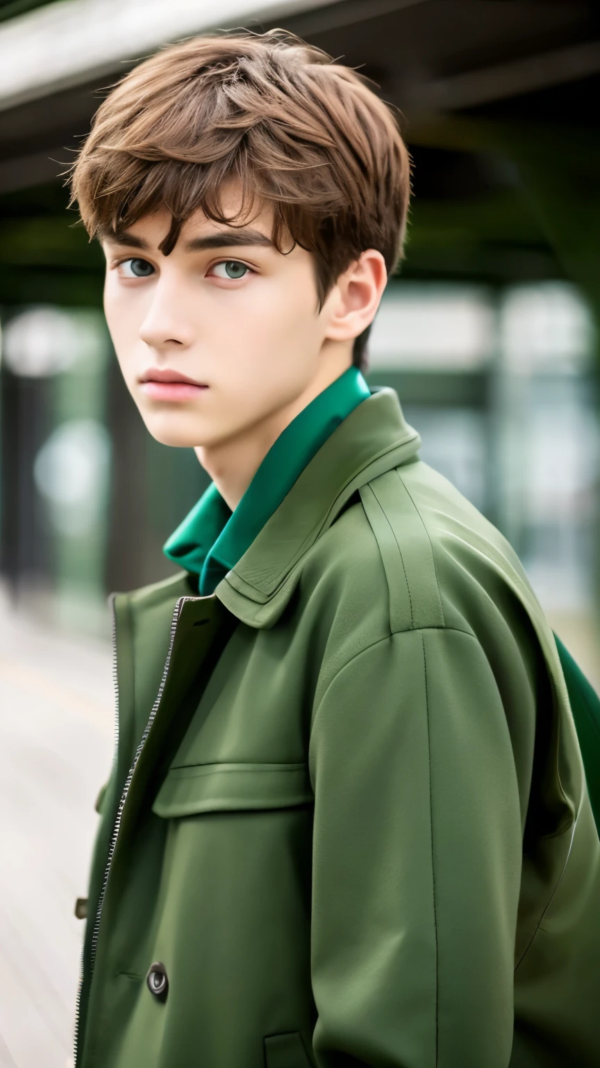 masterpiece, 最high quality, high quality, 1 boy, alone, male focus, looking at the viewer, Upper body, was_jaeger, brown hair, green eyes, Jacket, 