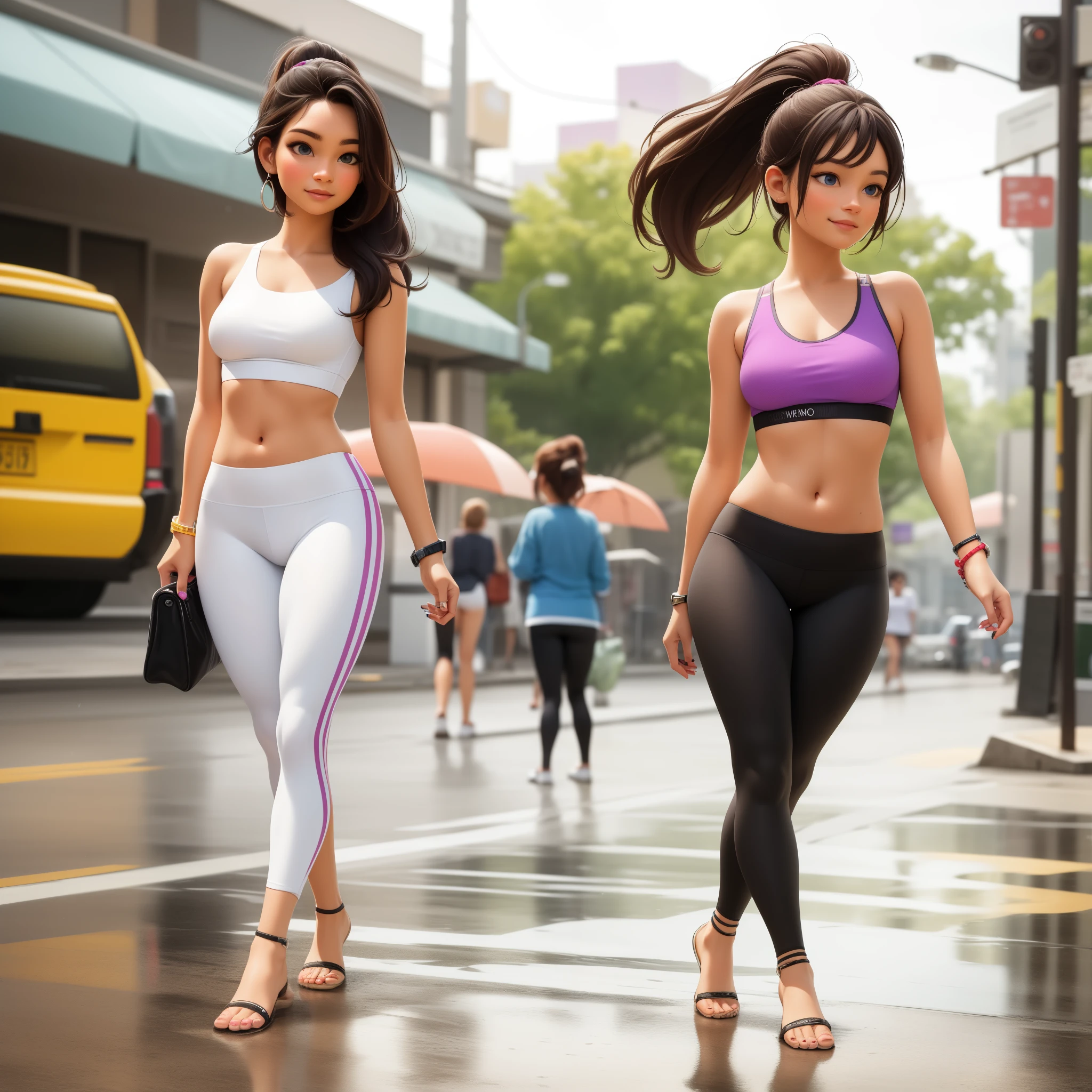 (masterpiece, best quality, ultra-detailed, highres, 4k),(beautiful detailed eyes),(very detailed face), ((full body)),(1girl),HDR, 18 year old girls, slim body, long hair, yoga pants, blue eyes, (brown hair [purple streaks]), bracelet, red sports bra, jewelry, watch, nail polish, ponytail, blurry background, smirk, wristwatch, realistic, walking in the rain
