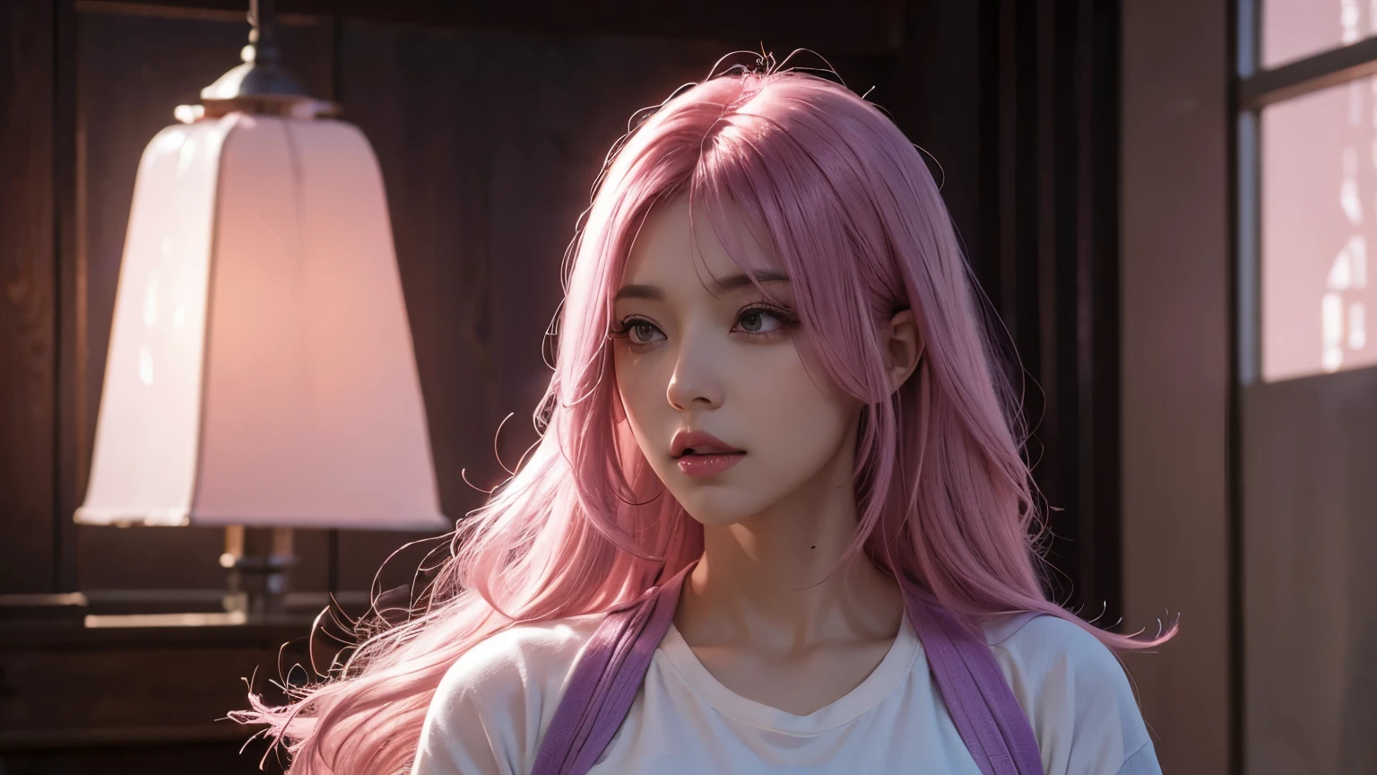 A angry mommy with long light pink purple hair, perfect big booba , good quality, detailed beauty face