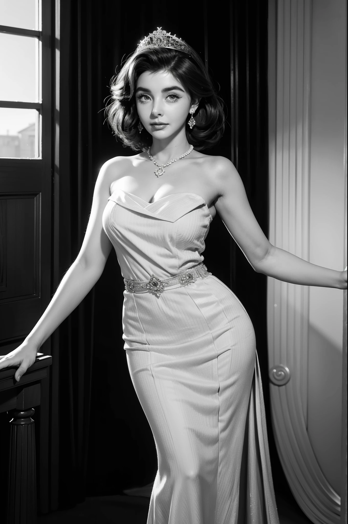 a black and white photo of a woman in a dress, a sketch by Stan Galli, tumblr, arabesque, elizabeth taylor, old hollywood, gorgeous beautiful woman, gorgeous woman, glamorous pose, 1950s, 1 9 5 0 s, very very beautiful woman, beautiful and elegant, regal pose, gorgeous and beautiful, beautiful queen