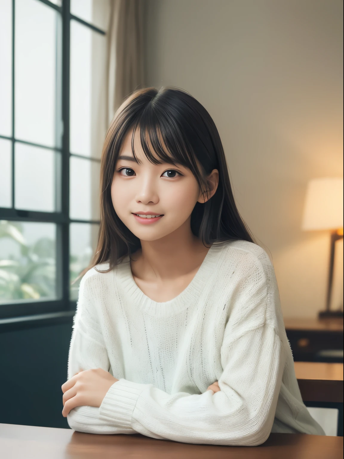 table top, highest quality, 8K, 10 years old, Ten generations, RAW photo, absurd, award-winning portraits, smile, alone, idol face, violaces, delicate girl, Upper body, Digital single-lens reflex camera, looking at the viewer, Frank, Sophisticated,thin arms, professional lighting, film grain, chromatic aberration, (Eye and face details:1.0), (Bokeh:1.1) , (white sweater:1.1) , close your mouth ,