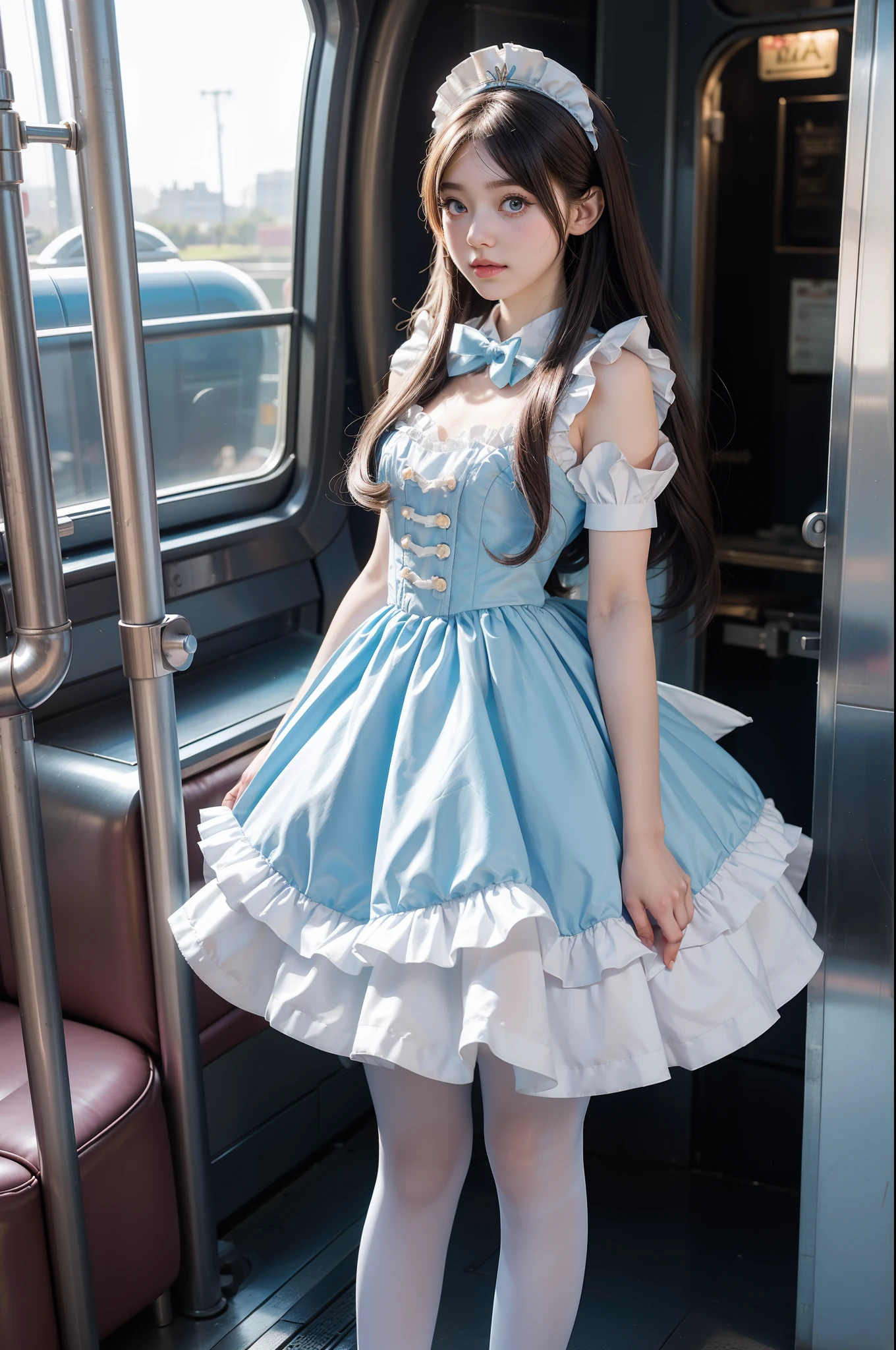 there is a woman dressed in a costume standing on a train platform, ultrarealistic sweet bunny girl, anime girl cosplay, small curvy , like alice in wonderland, alice from alice in wonder land, she has pale blue skin!!!, belle delphine, anime barbie in white stockings, little bo peep, cosplay of a catboy! maid! dress, cosplay