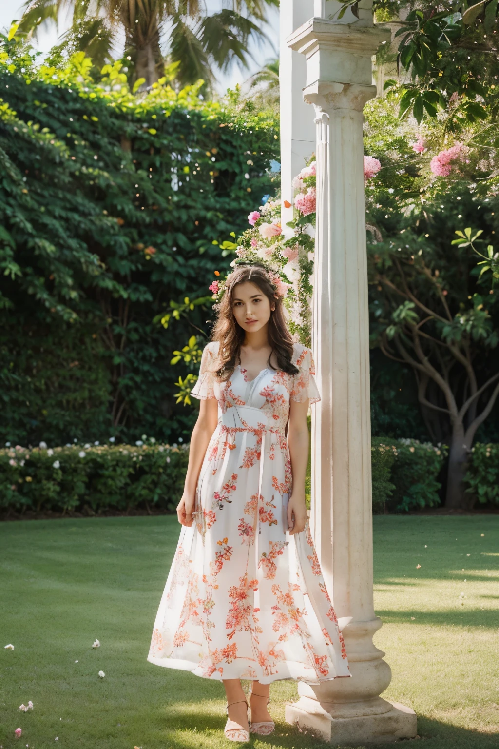 A woman standing in front of a white column with a flower crown on her ...