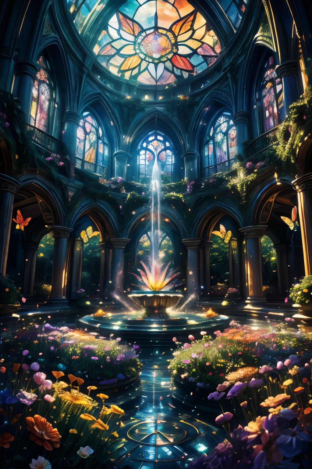 fantastic, flower garden, dome, colorful flowers, magical atmosphere, whimsical architecture, sunlight streaming through stained glass, butterflies dancing in the air, sparkling water fountains, lush greenery, vibrant colors, surreal landscape [best quality, highres], dreamlike scenery, ethereal beauty, soft lighting, enchanting ambience