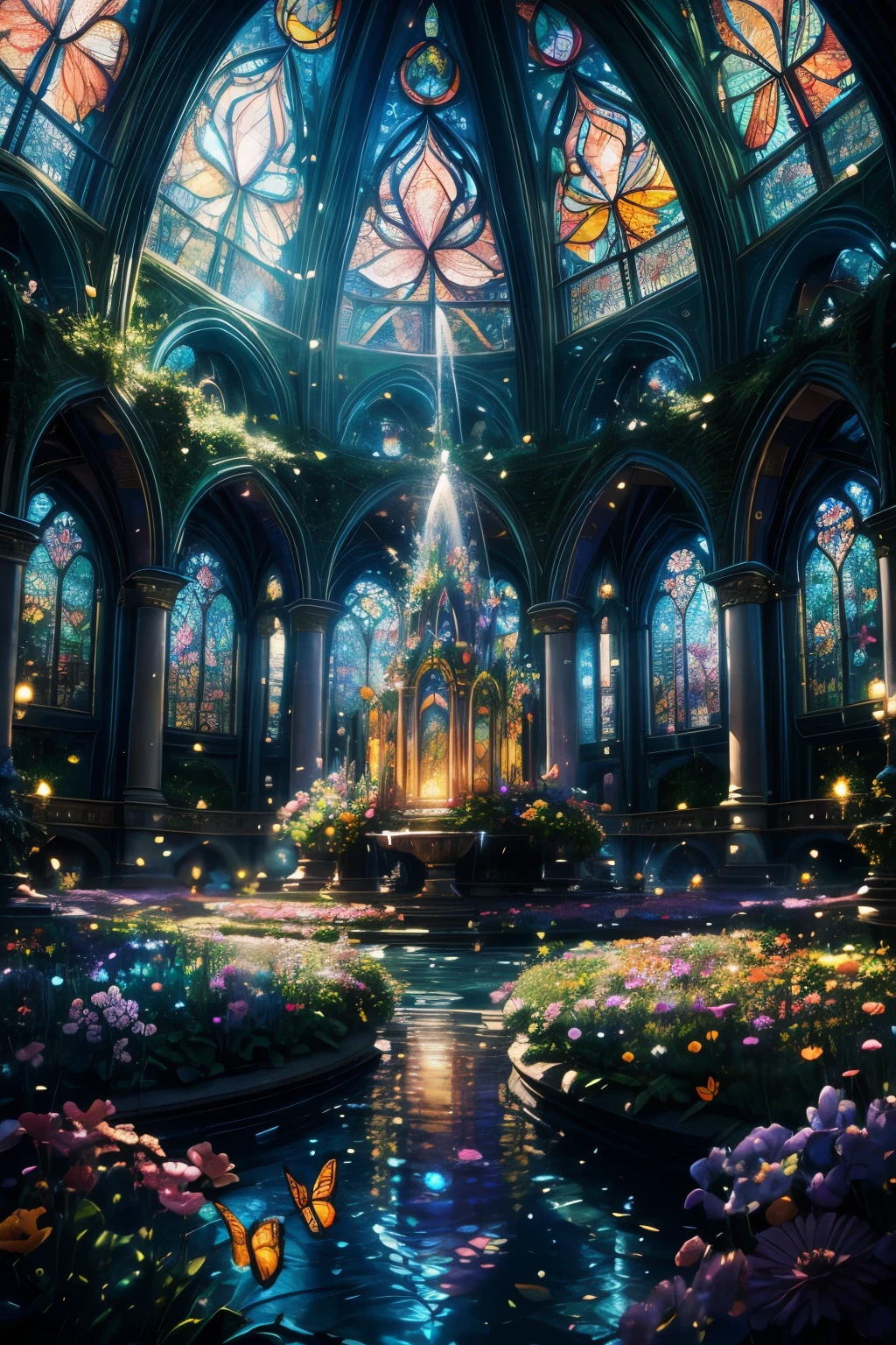 fantastic, flower garden, dome, colorful flowers, magical atmosphere, whimsical architecture, sunlight streaming through stained glass, butterflies dancing in the air, sparkling water fountains, lush greenery, vibrant colors, surreal landscape [best quality, highres], dreamlike scenery, ethereal beauty, soft lighting, enchanting ambience