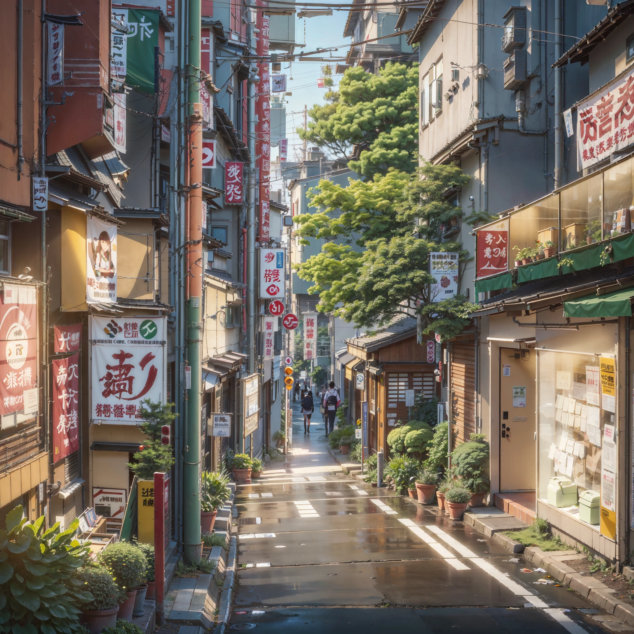 anime background, anime wallpaper, anime, anime style, anime aesthetic, compact urban japanese alley, modern japanese coffee shop, golden lighting coming out of coffee shop window, narrow pathway, plant pots, trees, rocks, trash cans, gutters, pipes, telephone wires, air vents, air ventilation systems, japanese banners, japanese shop signs, japanese billboard, no one in sight, no people, empty street, (no one: 1), best quality, mid day, modern japan architecture, tokyo,
