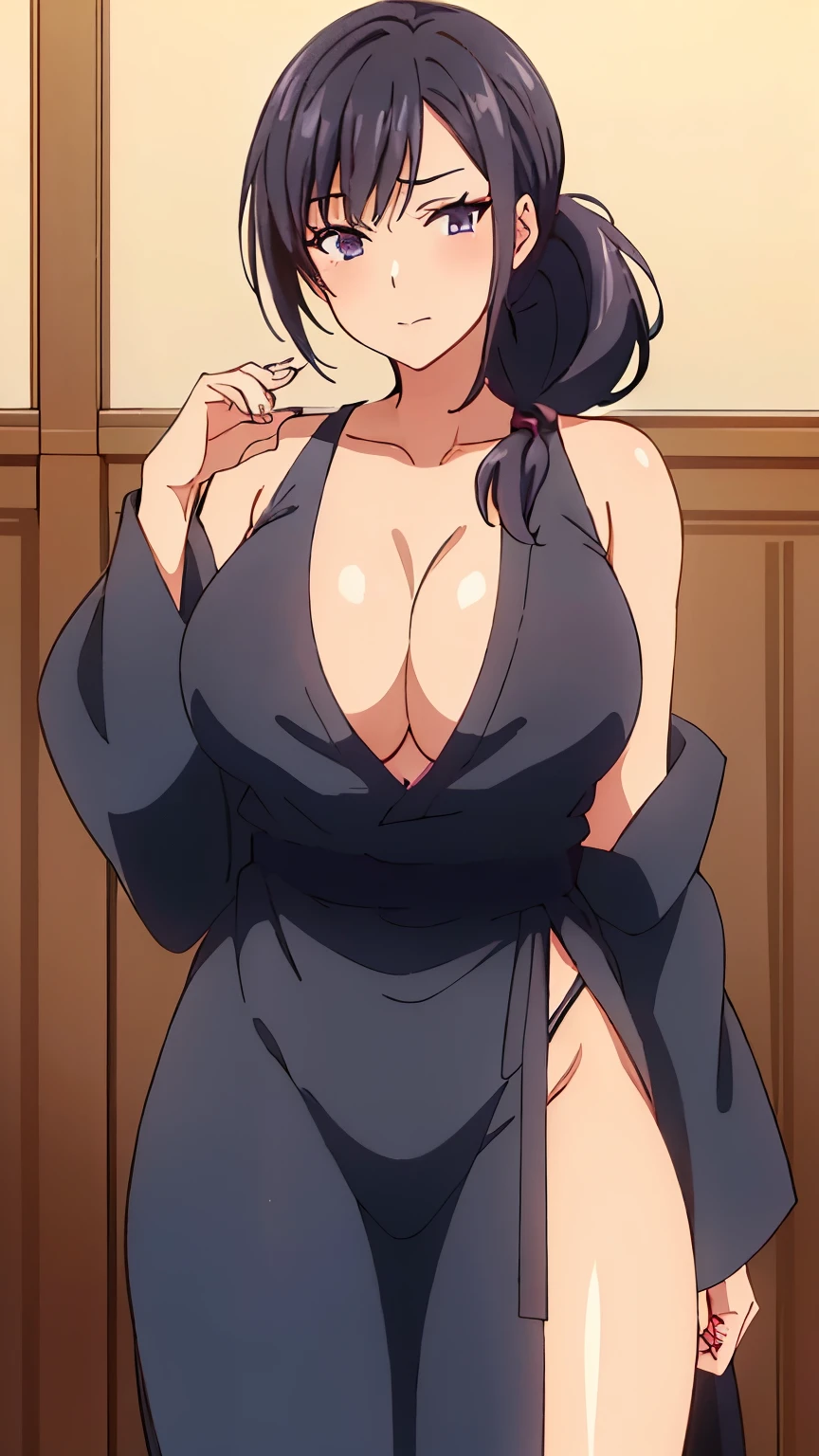 a close up of a person with a shirt on and a top on, seductive anime girl, perfect black haired girl, black hair (ponytail), black hair, thicc, female anime character, most strongest pose, attractive anime girl, black haired, black hair girl, anime girl, anime woman, revealing clothes, black haired deity, anime best girl, milf