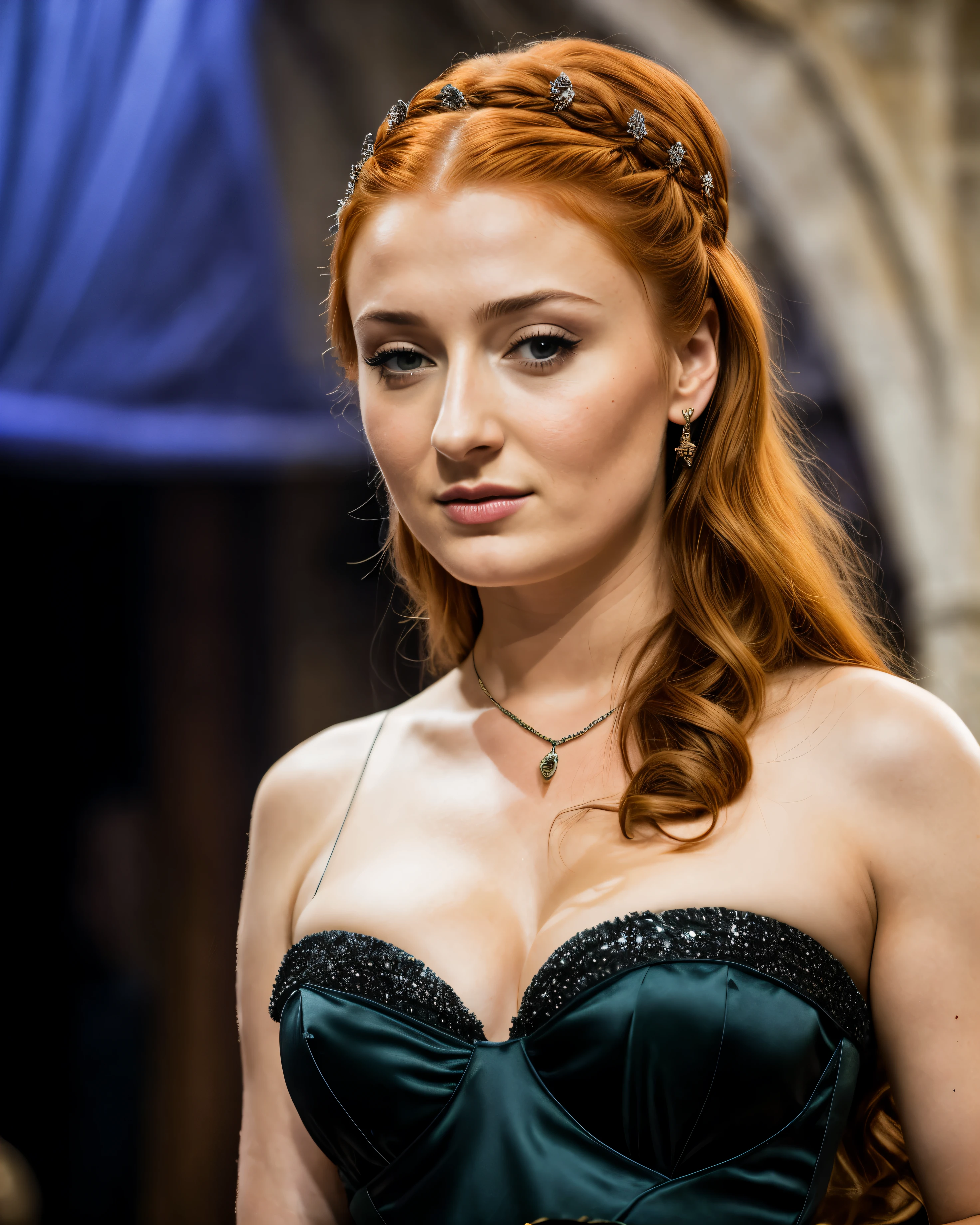 Foto RAW, Sansa Stark, Extremely gorgeous lady, Sansa Stark PLAYED BY Sophie Turner, Queen Sansa Stark, she is a mature woman now, milf, sexy mediaeval battle dress, gladiator woman, body, 45 years old Woman, body revealing costumes, perky breast, alluring figure, big natural breast, mediaeval costumes, mediaeval queen dress, erotic costumes, lusty physique, seductive figure can capture every people's attention, Game of thrones costumes, revealing captivating figure, Mediaeval costumes, revealing clothes, A tomboy, she would rather fence than dance, warrior queen , game of thrones screen caps, Game of Thrones Series, (pele altamente detalhada: 1.2), 8k UHD, DSLR, soft-lighting, alta qualidade, grain of film, Fujifilm XT3