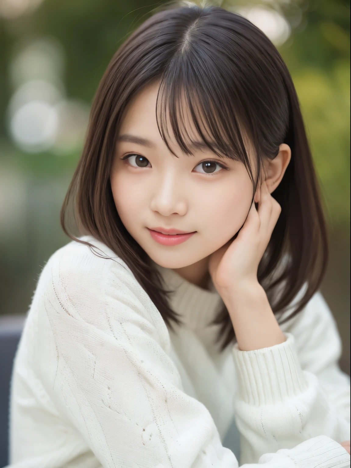 table top, highest quality, 8K, 10 years old, Ten generations, RAW photo, absurd, award-winning portraits, smile, alone, idol face, violaces, delicate girl, Upper body, Digital single-lens reflex camera, looking at the viewer, Frank, Sophisticated,thin arms, professional lighting, film grain, chromatic aberration, (Eye and face details:1.0), (Bokeh:1.1) , (white sweater:1.1) , close your mouth ,