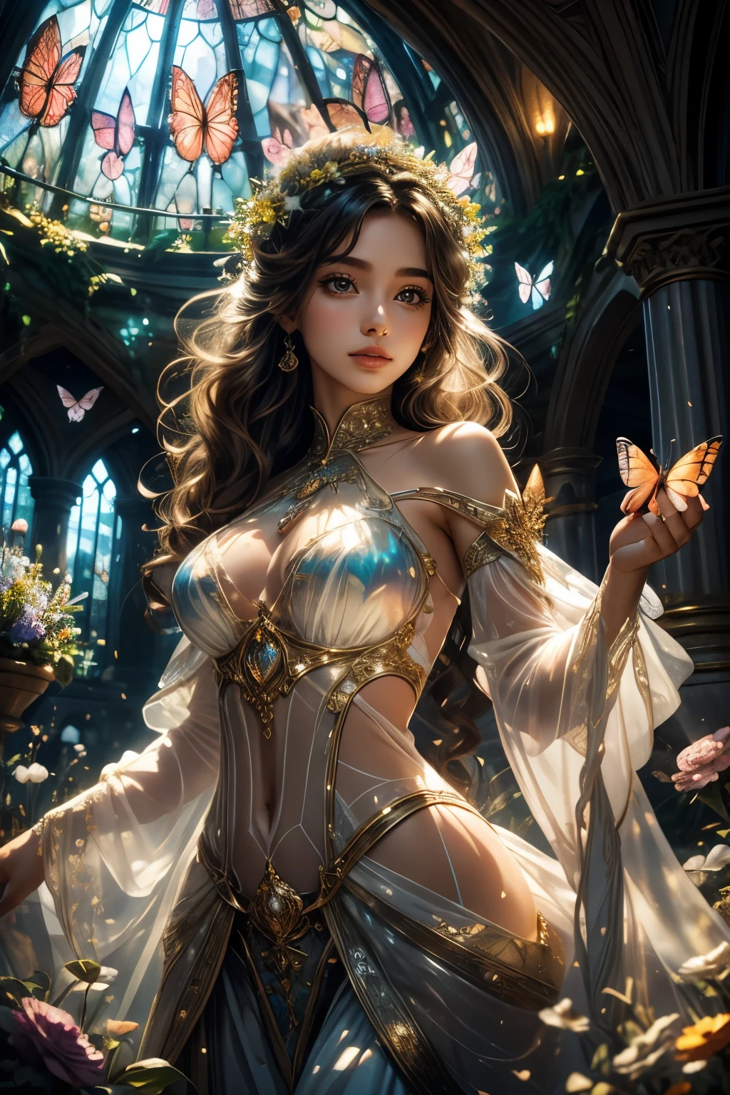 the queen of the light,detailed face,detailed eyes, dressed in a see-through dress, background is fantastic, flower garden, dome, colorful flowers, magical atmosphere, whimsical architecture, sunlight streaming through stained glass, butterflies dancing in the air, sparkling water fountains, lush greenery, vibrant colors, surreal landscape [best quality, highres], dreamlike scenery, ethereal beauty, soft lighting, enchanting ambience