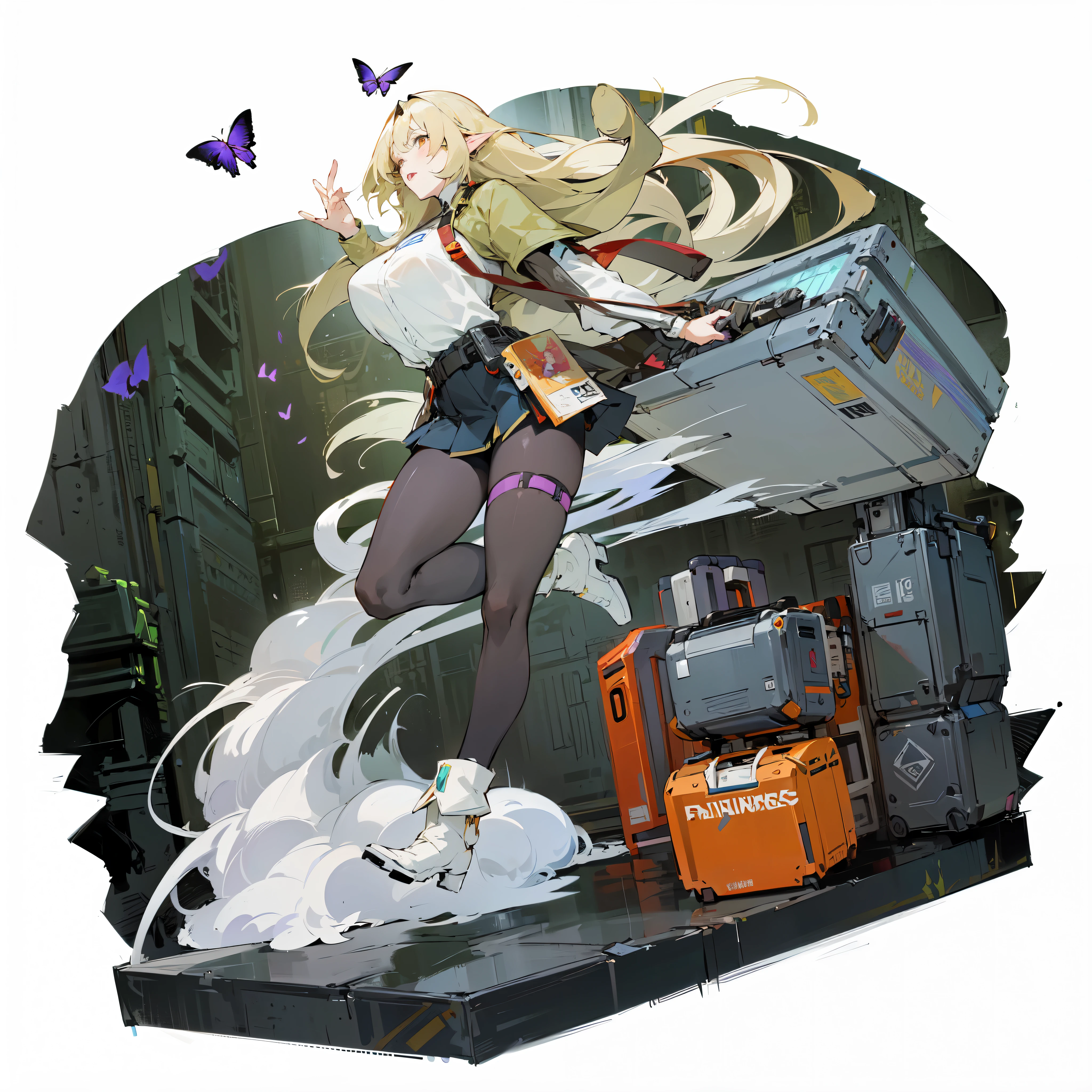 anime - style illustration of a blonde elf girl spinning a big suitcase with a hand coming out of it in front of a ruined city, purple butterflies flying around, from girls frontline, girls frontline cg, girls frontline style, girls frontline universe, fine details. girls frontline, cyberpunk ikea, m4 sopmod ii girls frontline, cushart kenz, girls frontline, from arknights, cyberpunk anime girl mech, trending on artstation pixiv, digital cyberpunk anime art