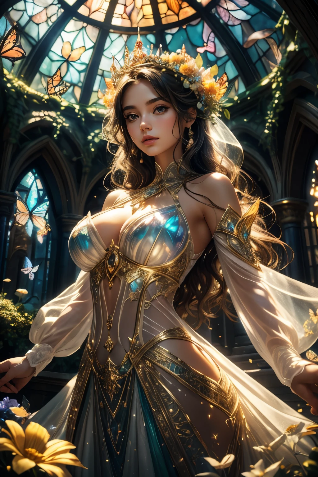 the queen of the light,detailed face,detailed eyes, dressed in a see-through dress, background is fantastic, flower garden, dome, colorful flowers, magical atmosphere, whimsical architecture, sunlight streaming through stained glass, butterflies dancing in the air, sparkling water fountains, lush greenery, vibrant colors, surreal landscape [best quality, highres], dreamlike scenery, ethereal beauty, soft lighting, enchanting ambience