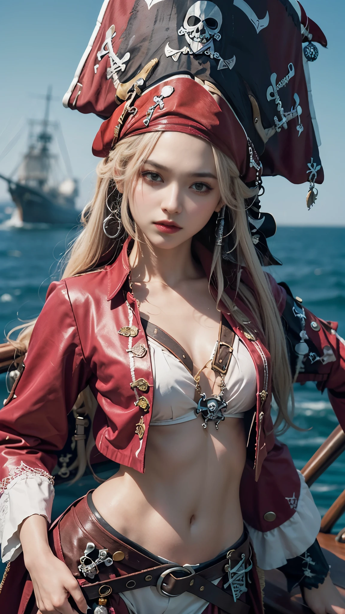 8K, ultra hd, masterpiece, 1 girl, good face, detailed eyes, very long hair, detailed lips, small breasts, (fantasy:1.2), (ultra detailed:1.5), (pirate outfit:1.5), ((pink outfit)), titanic ship, sea, gun in hand, (perfect body),