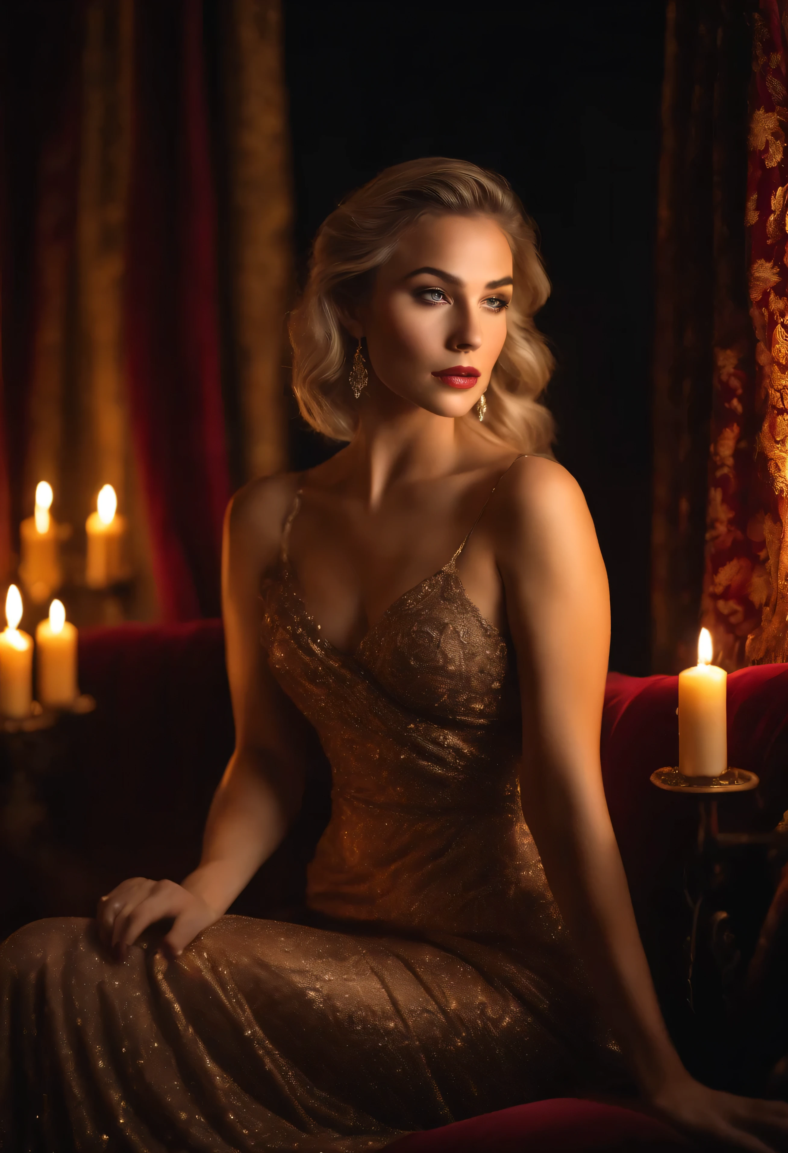 An enchanting image of the brunette influencer, blonde hair bathed in soft candlelight against a backdrop of rich velvet curtains, her captivating gaze and sultry voice casting a spell over viewers, inviting them to linger in the allure of her world. highly detailed