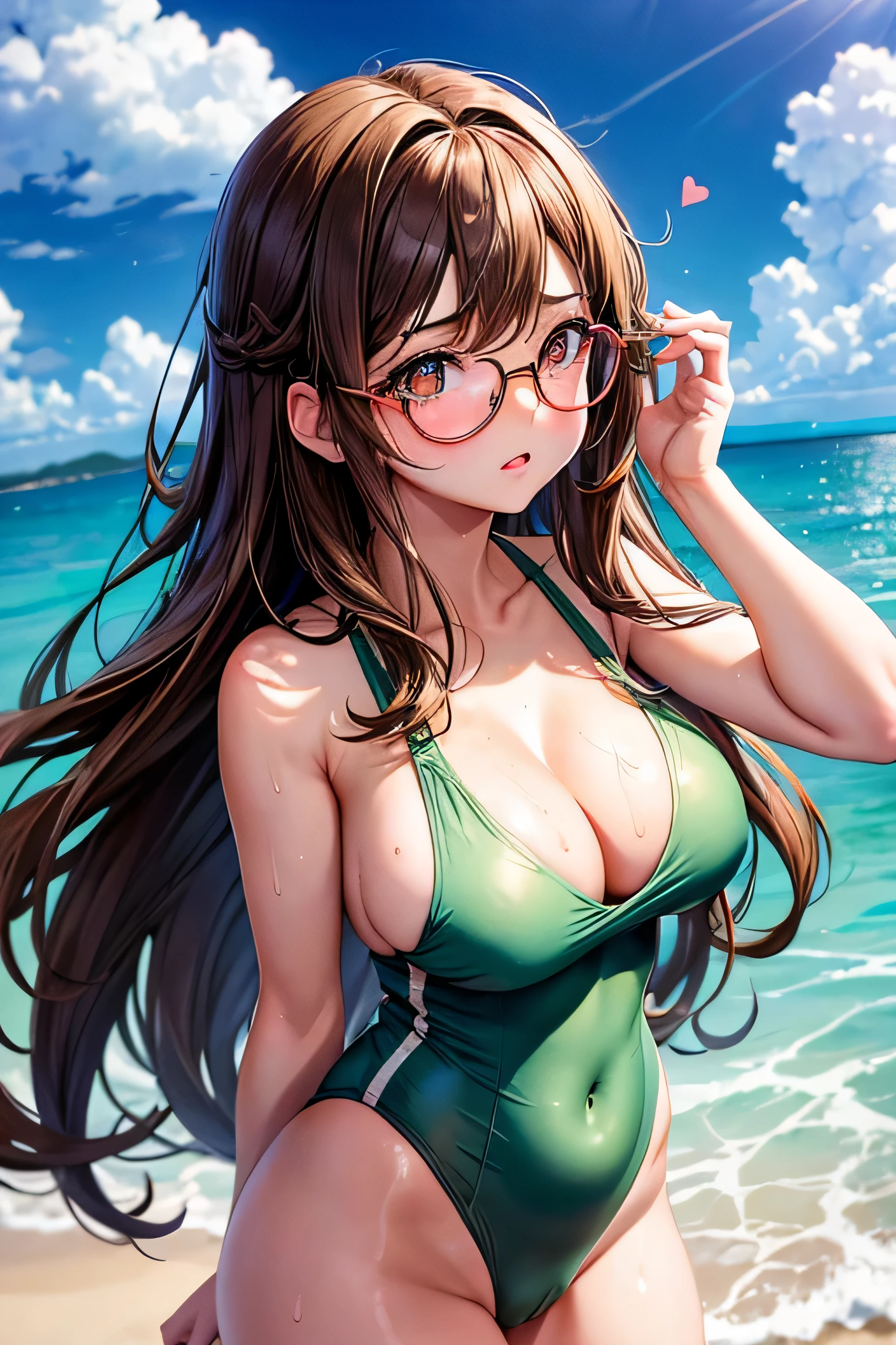 High resolution, high quality, 1 girl, anime girl, Brown hair long hair, brown eyes,heart-shaped pupil, green glasses, tanned skin, big breasts,beautiful breasts, (big ass),beautiful butt,Sweat,school swimwear,nipple,camel toe,Upper body,walk,[[[Pregnant]]],on the beach,