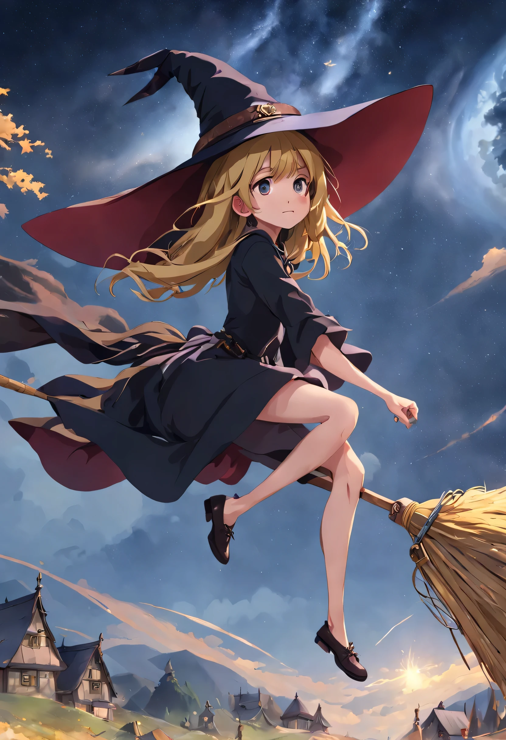 kirisame marisa, (masterpiece, highest quality:1.2),1 girl,perfect face,cute, ((((flying witch))),((Ride a broom)),broom flight,Straddling the broom,anatomically correct,masterpiece,highest quality,最高masterpiece,8K,,Wind,fantasy,,wonderful,, Mysterious, attractive, Whimsical, playful, adventurous, free, wonder, imagine, decide, skill, speed, movement, energy, realism, naturalistic, figurative, represent, beauty, fantasy culture, myth, fairy tale, folklore, Legend, witch, wizard, Magical creatures, fantasy worlds, composition, scale, Qianyoshi, midway point, background, perspective, light, color, texture, be familiar with, beauty, wonder.outdoor,night sky