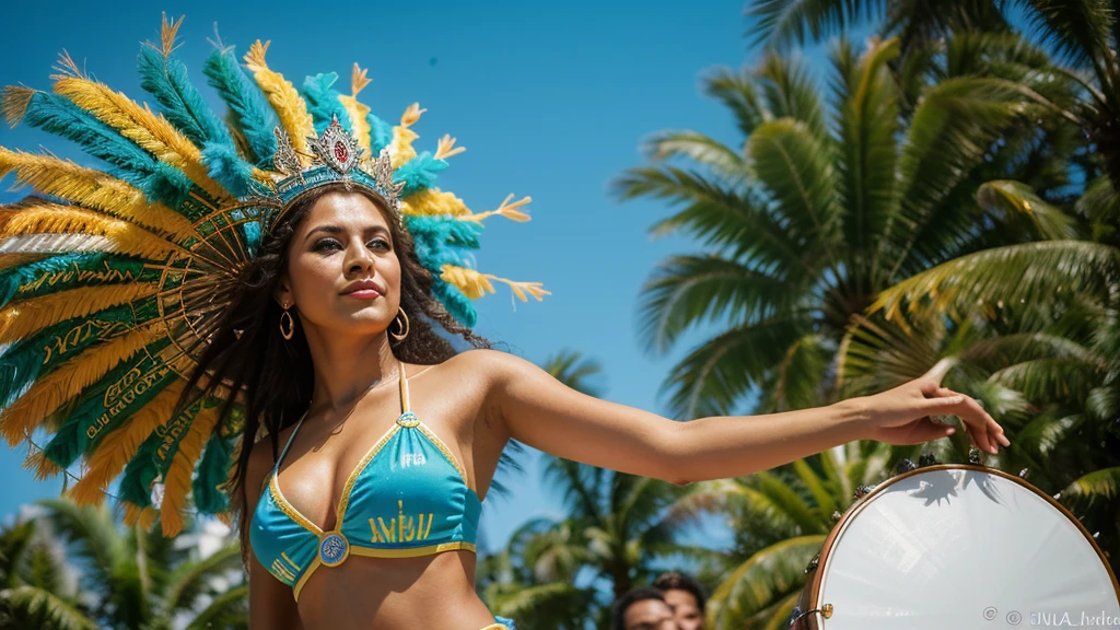 "Develop an high-resolution image, in 8k, portraying a beautiful young woman from Rio de Janeiro. She has a perfect and well-defined face, with bright and colorful carnival makeup. Her body is slim, tall, and slender, with long and well-defined legs, characteristic of a fashion model. Her breasts are medium-sized and very well-defined, as are her buttocks. The young woman is wearing an extremely sensual carnival costume, being a carnival queen, with shining golden and red outfits. She wears colorful and shiny high-heeled boots that cover her legs up to the knees.

The young woman is in a parade pose, standing on the Sapucaí Avenue, in Rio de Janeiro. Her arms are slightly open at waist height, while the grandstand is full of people taking pictures of her. Many people are amazed by the beauty of the young woman. The scene is cinematic, with the young woman prominently featured in the image, captured with a 24mm lens. The photo has high resolution to ensure all details of the scene are visible, highlighting the vibrant and festive energy of the samba school."