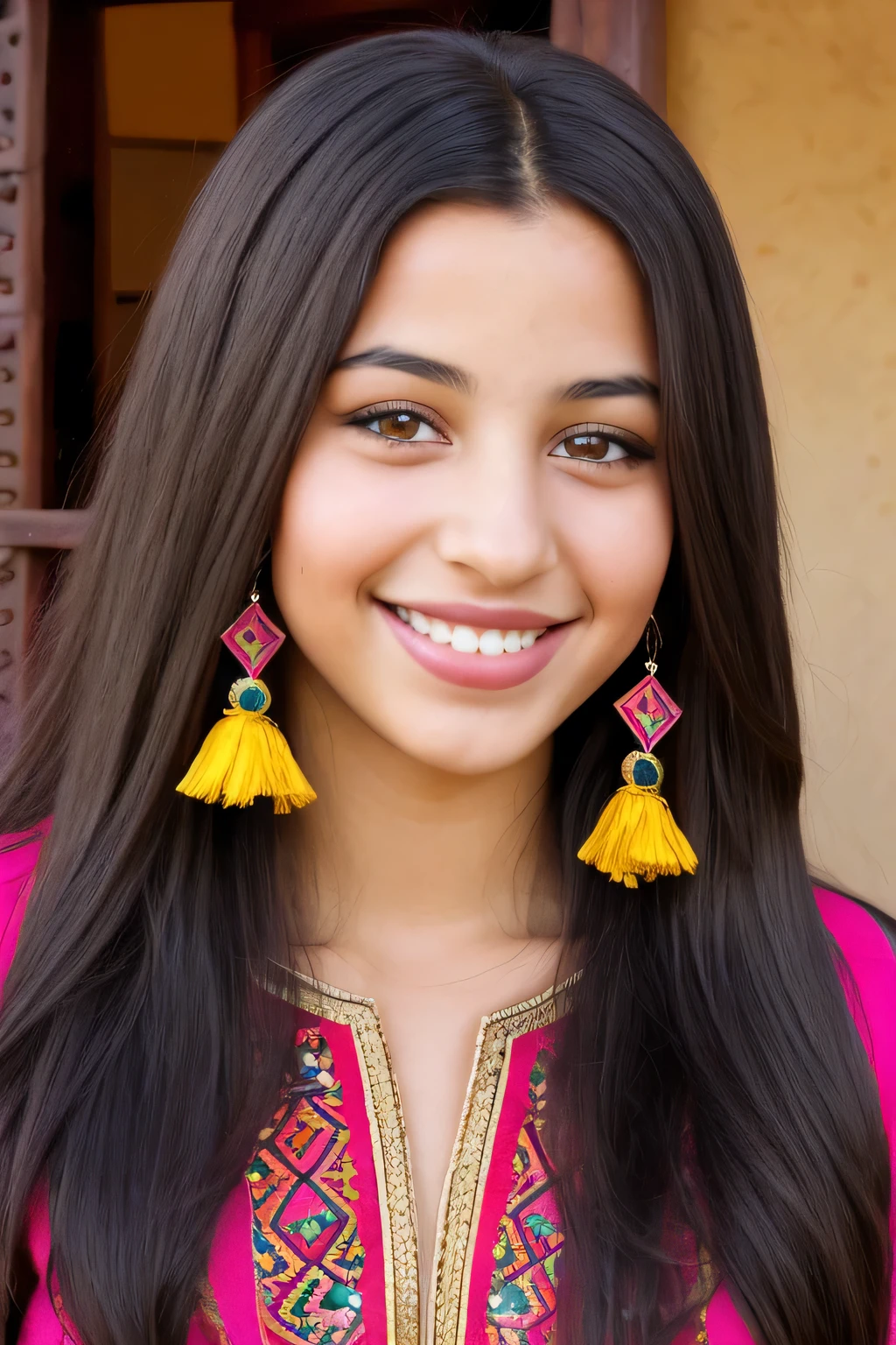 belle fille amazighe marocaine, cheveux noirs, grand sourire, Cheveux longs noirs, yeux noirs, petits chèques , Portrait réaliste