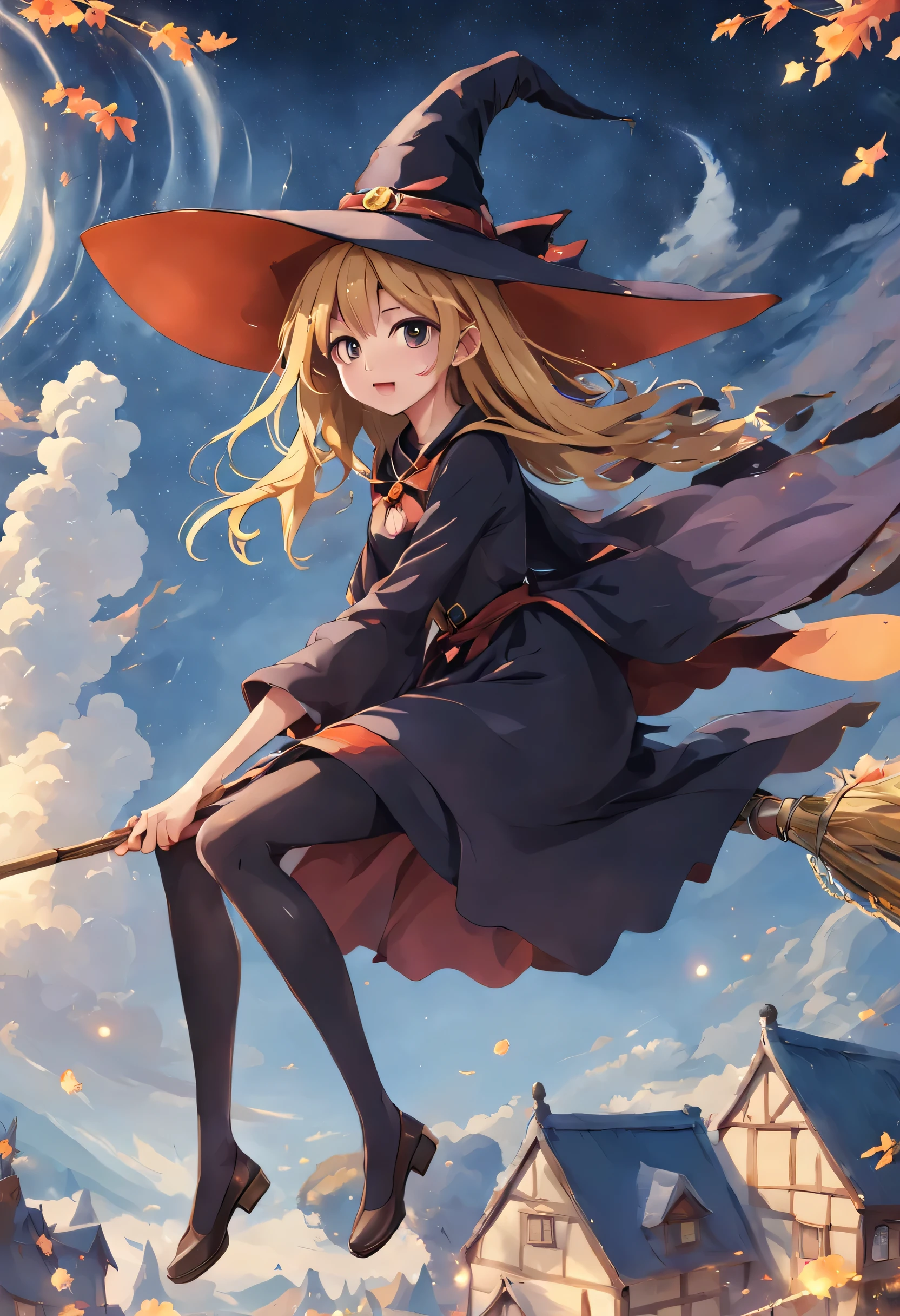 kirisame marisa, (masterpiece, highest quality:1.2),1 girl,perfect face,cute, ((((flying witch))),((Ride a broom)),broom flight,Straddling the broom,anatomically correct,masterpiece,highest quality,最高masterpiece,8K,,Wind,fantasy,,wonderful,, Mysterious, attractive, Whimsical, playful, adventurous, free, wonder, imagine, decide, skill, speed, movement, energy, realism, naturalistic, figurative, represent, beauty, fantasy culture, myth, fairy tale, folklore, Legend, witch, wizard, Magical creatures, fantasy worlds, composition, scale, Qianyoshi, midway point, background, perspective, light, color, texture, be familiar with, beauty, wonder.outdoor,night sky