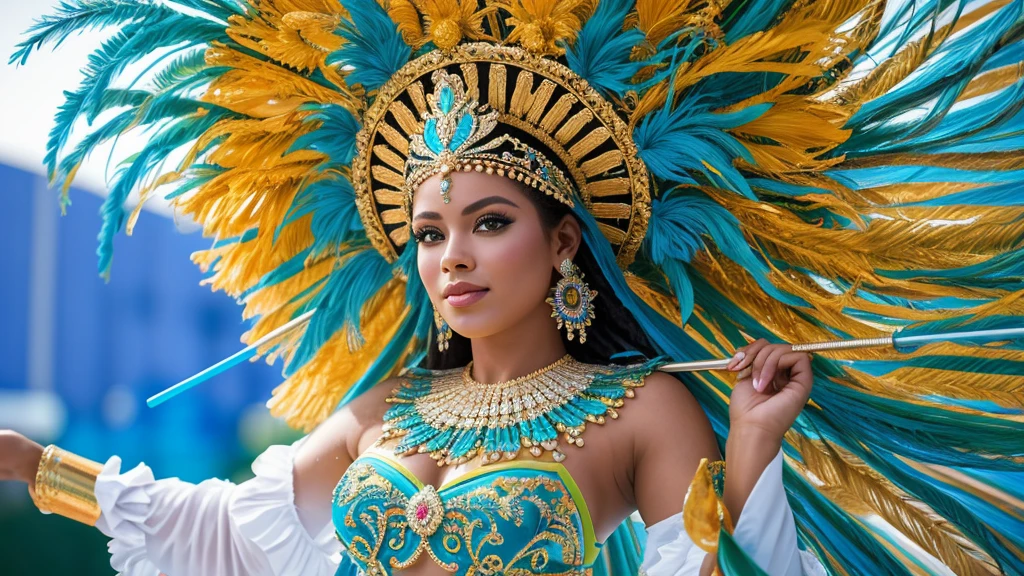 "Develop an high-resolution image, in 8k, portraying a beautiful young woman from Rio de Janeiro. She has a perfect and well-defined face, with bright and colorful carnival makeup. Her body is slim, tall, and slender, with long and well-defined legs, characteristic of a fashion model. Her breasts are medium-sized and very well-defined, as are her buttocks. The young woman is wearing an extremely sensual carnival costume, being a carnival queen, with shining golden and red outfits. She wears colorful and shiny high-heeled boots that cover her legs up to the knees.

The young woman is in a parade pose, standing on the Sapucaí Avenue, in Rio de Janeiro. Her arms are slightly open at waist height, while the grandstand is full of people taking pictures of her. Many people are amazed by the beauty of the young woman. The scene is cinematic, with the young woman prominently featured in the image, captured with a 24mm lens. The photo has high resolution to ensure all details of the scene are visible, highlighting the vibrant and festive energy of the samba school."