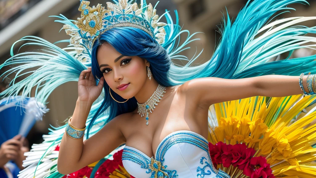 "Develop an high-resolution image, in 8k, portraying a beautiful young woman from Rio de Janeiro. She has a perfect and well-defined face, with bright and colorful carnival makeup. Her body is slim, tall, and slender, with long and well-defined legs, characteristic of a fashion model. Her breasts are medium-sized and very well-defined, as are her buttocks. The young woman is wearing an extremely sensual carnival costume, being a carnival queen, with shining golden and red outfits. She wears colorful and shiny high-heeled boots that cover her legs up to the knees.

The young woman is in a parade pose, standing on the Sapucaí Avenue, in Rio de Janeiro. Her arms are slightly open at waist height, while the grandstand is full of people taking pictures of her. Many people are amazed by the beauty of the young woman. The scene is cinematic, with the young woman prominently featured in the image, captured with a 24mm lens. The photo has high resolution to ensure all details of the scene are visible, highlighting the vibrant and festive energy of the samba school."