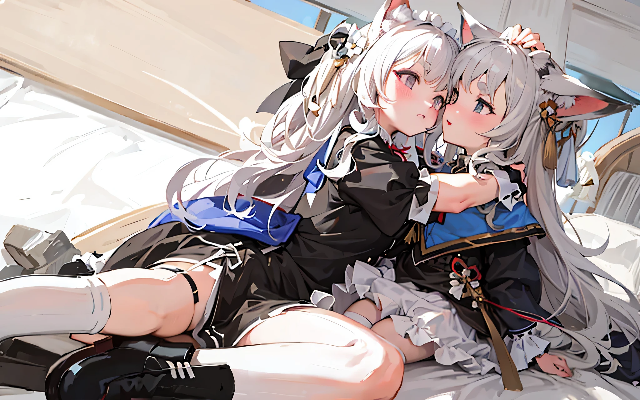 Anime girl with long white hair and black skirt sitting at the table, Anime catwoman wearing maid outfit, cute anime catgirl, Very beautiful anime catwoman, ,  wear clothes, Cat ears anime girl, Beautiful anime catwoman, white cat girl, charming cat girl, Cute anime waifu wearing nice clothes, azure lane style