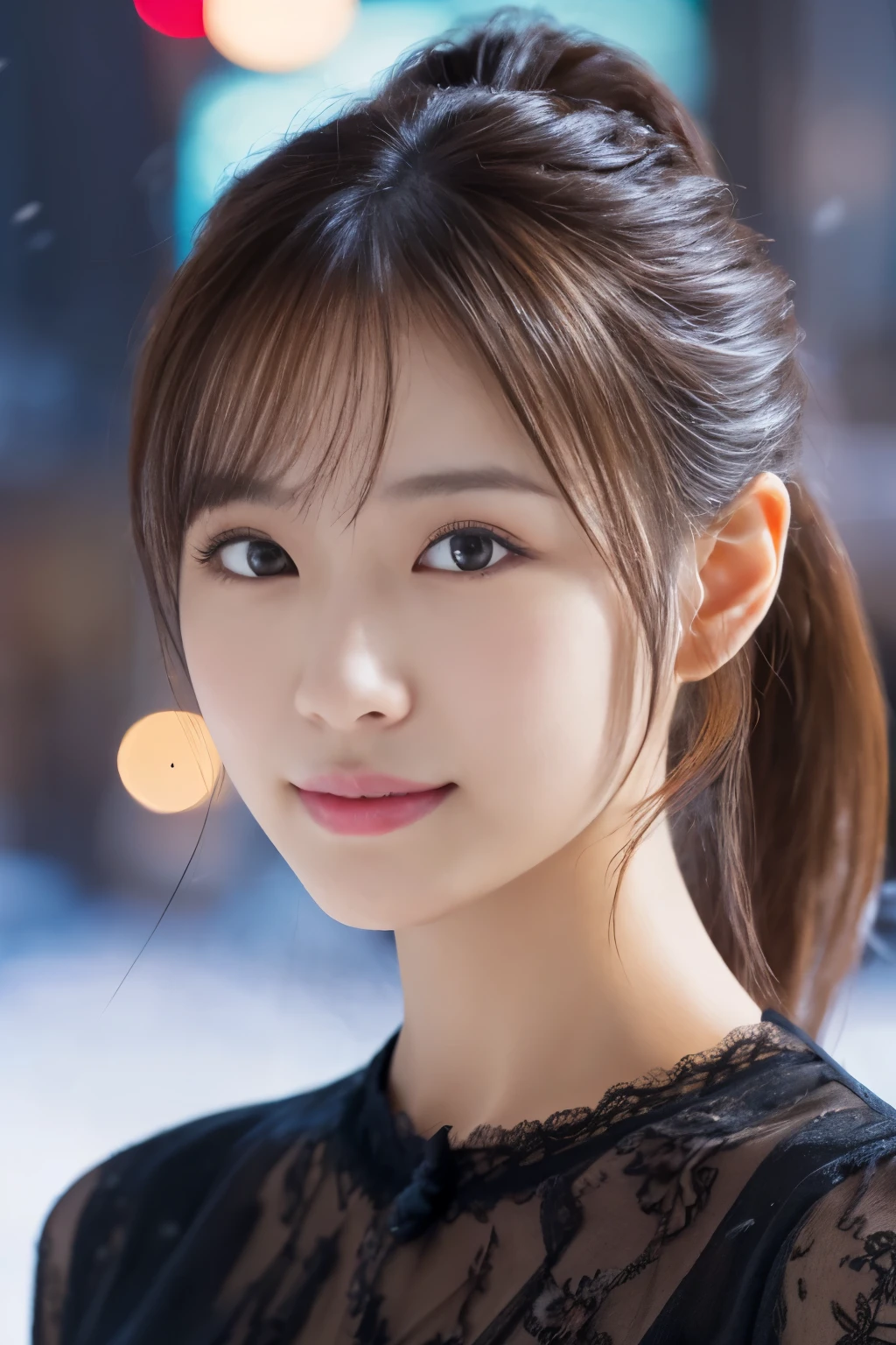 1 girl, (Wearing a black blouse:1.2), beautiful japanese actress, (ponytail:1.3),
(RAW photo, highest quality), (realistic, Photoreal:1.4), masterpiece, 
very delicate and beautiful, very detailed, 2k wallpaper, wonderful, 
finely, very detailed CG Unity 8K 壁紙, Super detailed, High resolution, 
soft light, beautiful detailed girl, very detailed目と顔, beautifully detailed nose, beautiful and detailed eyes, cinematic lighting, 
break
(Against the backdrop of a snowy night cityscape 1.3), city lights, 
perfect anatomy, slender body, smile, Face the front completely, look at the camera