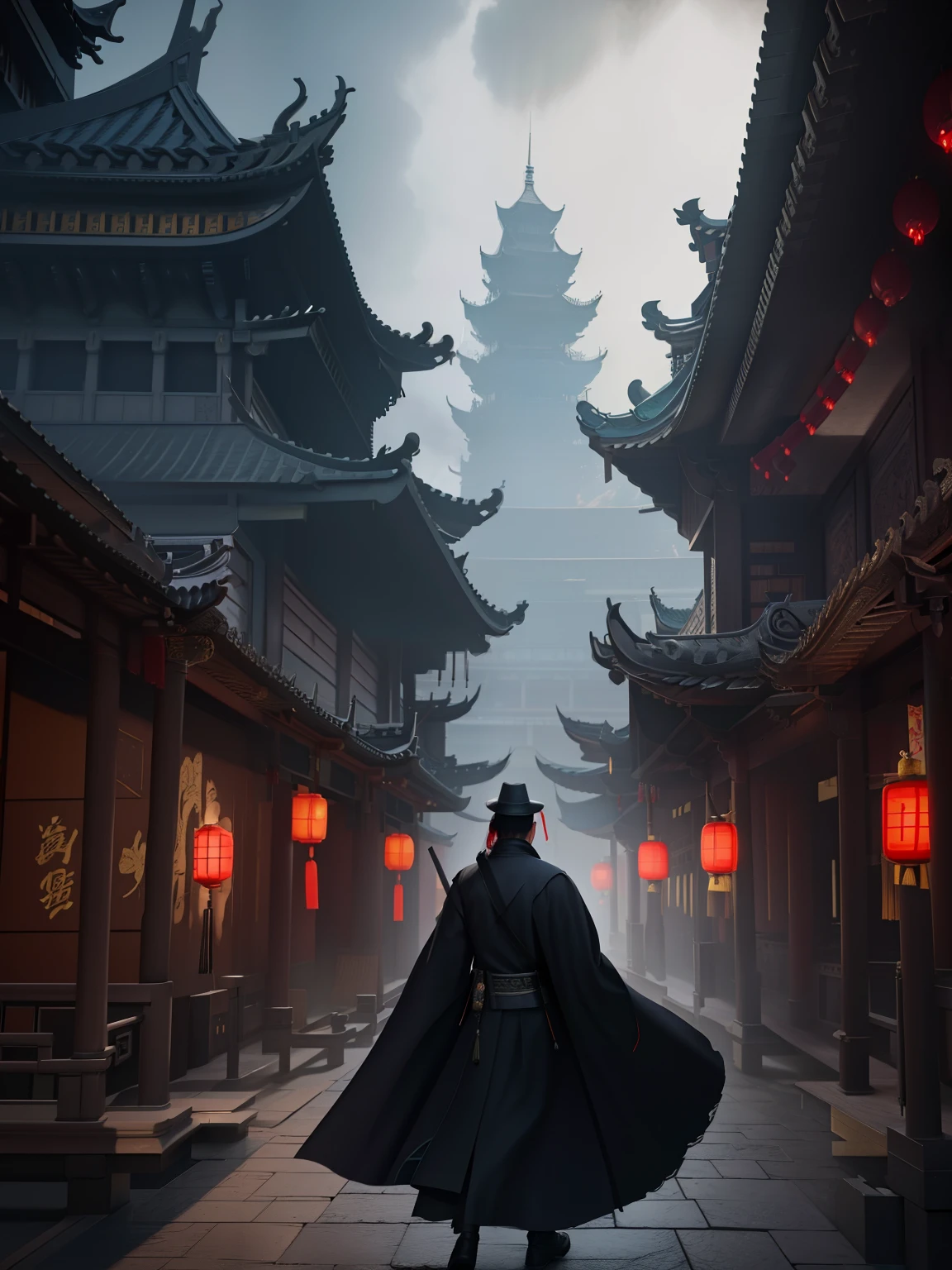 One wearing a black cloak、Arafad image of man wearing hat walking through Chinese temple, Cyberpunk Chinese Ancient Castle, cinematic. author:Leng Jun, Dream China Town, Ax and Bloodborne World, epic matte painting, 8k matte painting, 8k matte painting, elegant fantasy art, chengwei pan on artstation, Matte painting 4k 8k