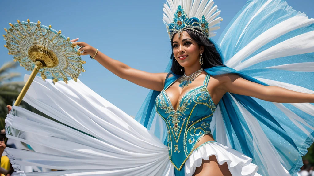 "Develop an high-resolution image, in 8k, portraying a beautiful young woman from Rio de Janeiro. She has a perfect and well-defined face, with bright and colorful carnival makeup. Her body is slim, tall, and slender, with long and well-defined legs, characteristic of a fashion model. Her breasts are medium-sized and very well-defined, as are her buttocks. The young woman is wearing an extremely sensual carnival costume, being a carnival queen, with shining golden and red outfits. She wears colorful and shiny high-heeled boots that cover her legs up to the knees.

The young woman is in a parade pose, standing on the Sapucaí Avenue, in Rio de Janeiro. Her arms are slightly open at waist height, while the grandstand is full of people taking pictures of her. Many people are amazed by the beauty of the young woman. The scene is cinematic, with the young woman prominently featured in the image, captured with a 24mm lens. The photo has high resolution to ensure all details of the scene are visible, highlighting the vibrant and festive energy of the samba school."