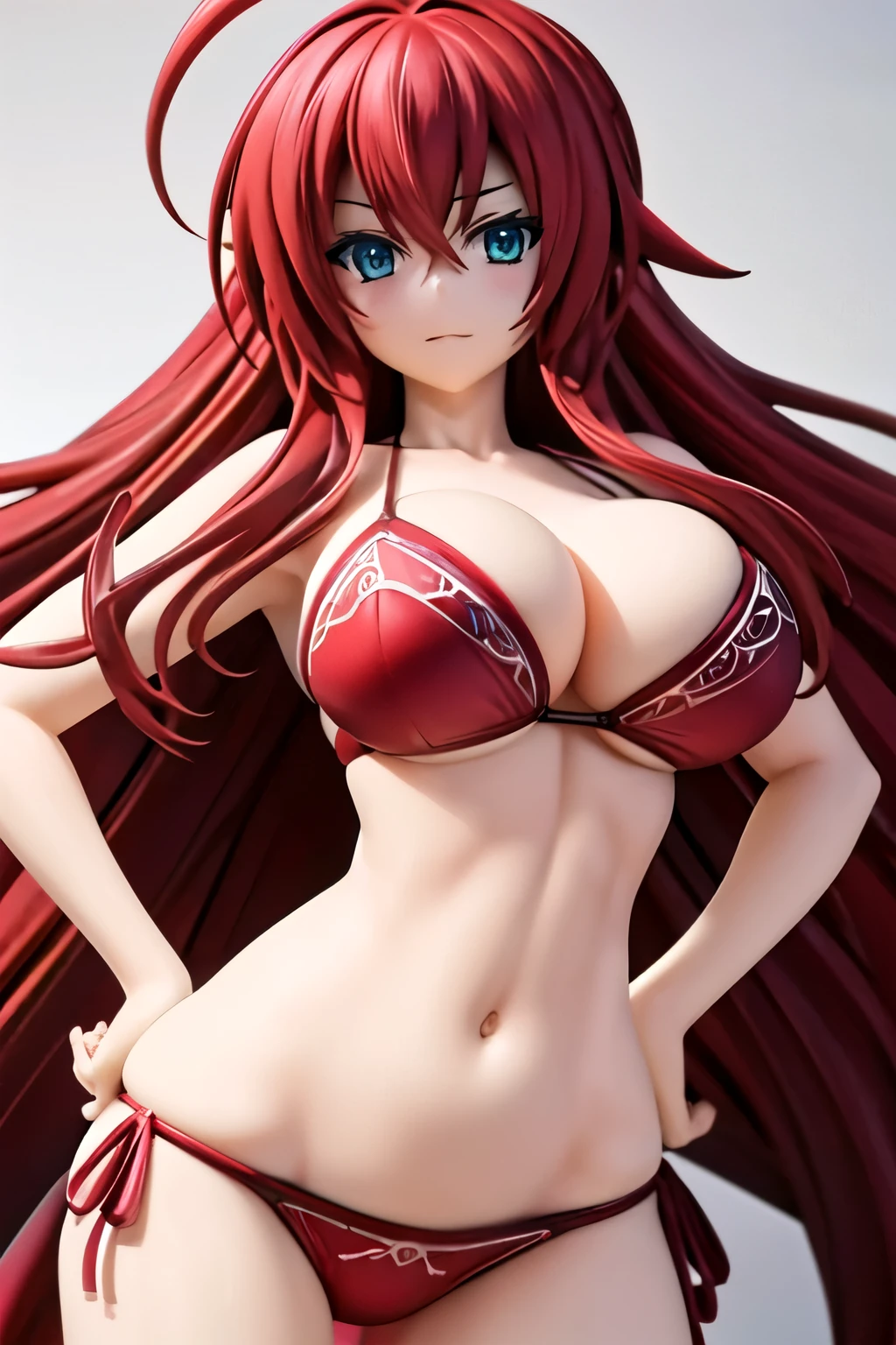 masterpiece, best quality, ultra-detailed, hires, beautiful, detailed hair and eyes, 1girl, red hair, long hair, ahoge,rias gremory dxd, very long hair, blue eyes, large breasts, red_bikini, hands in the hips,