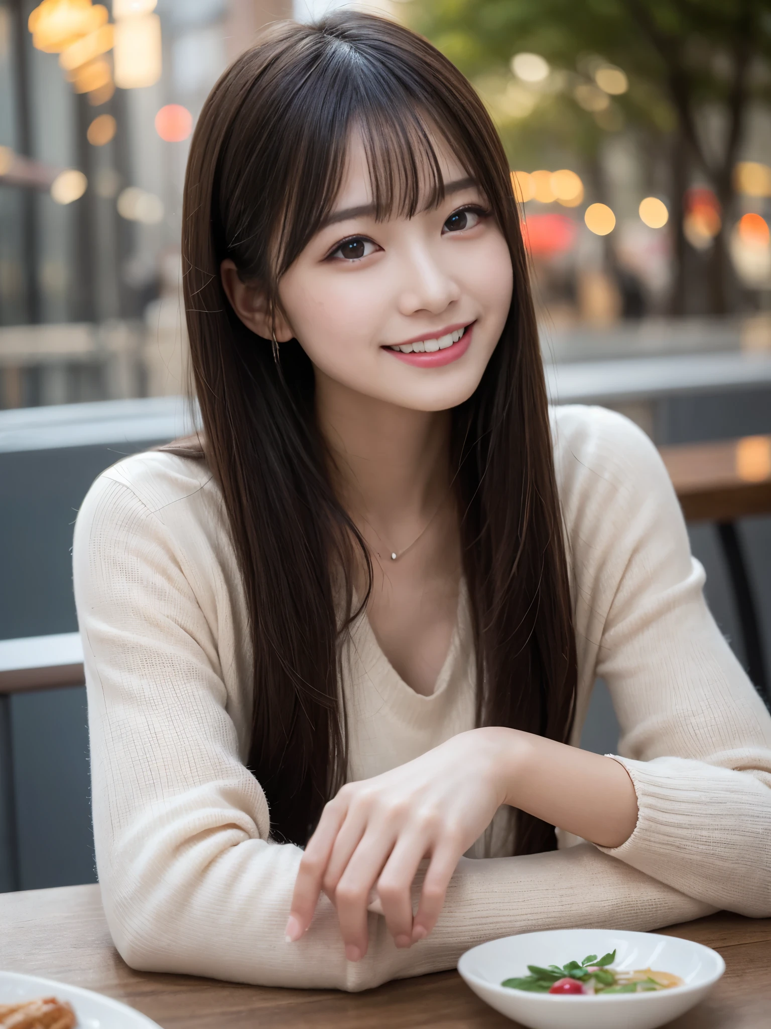 skin that looks real,finely, High resolution, high quality、完璧なダイナミックな構figure, beautiful and fine eyes, medium hair, 、natural color lip,Kamimei、Shibuya Ward、20 year old girl、1 person、transparent skin、shining hair、table top, 最high quality, figure, super detailed, finely, High resolution, 8K、correct state of the human body、squat、laughter，hair flying in the wind,thick,winter,your,Temperature 0°C,（cheers）、（wine）