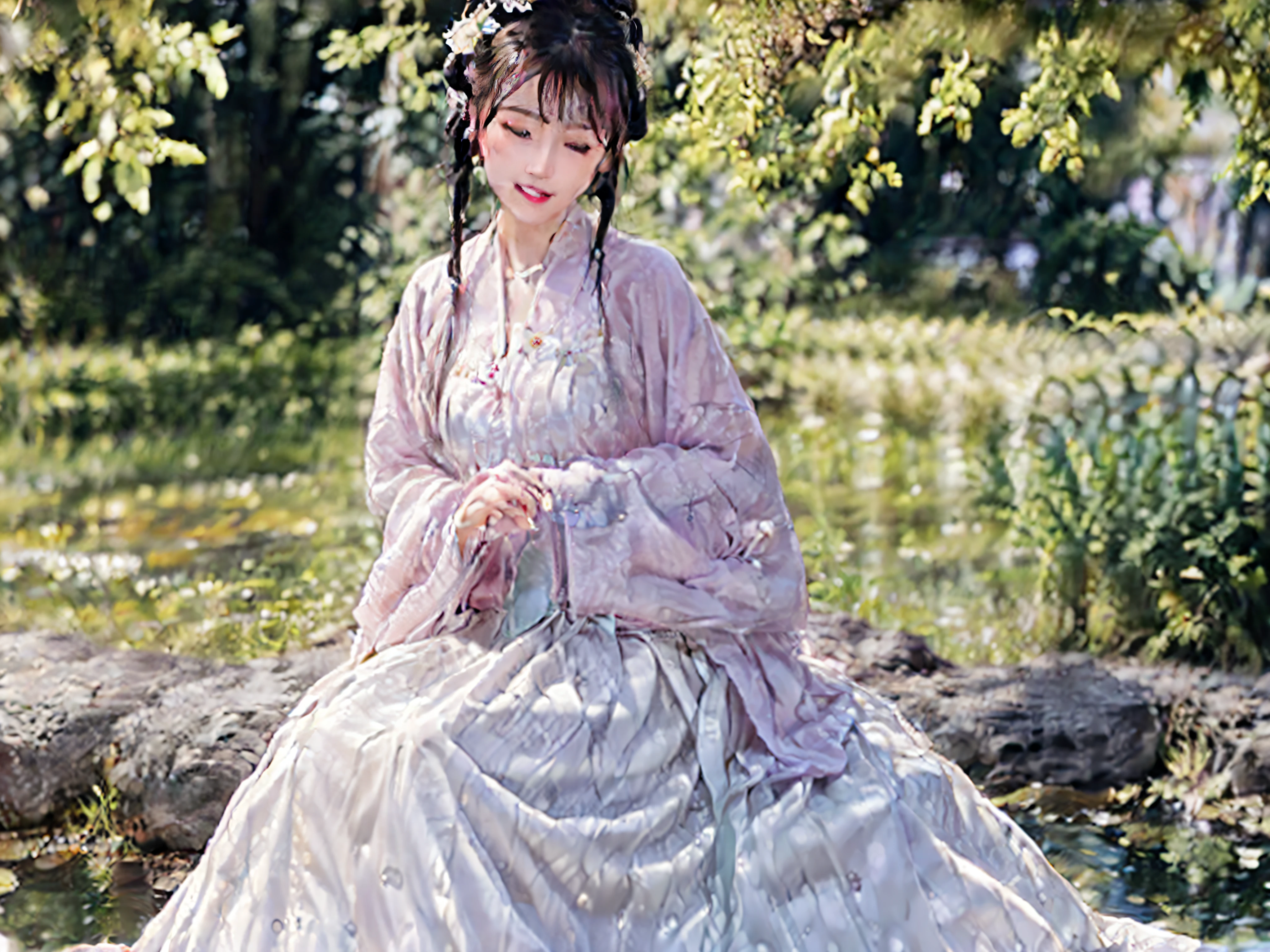 (8k, best quality, masterpiece:1.2), (realistic, photo-realistic:1.37), cute, night, dating, (nose blush), (smile:1.15), (closed mouth) small , beautiful detailed eyes,, night, wet, rain, white lace, floating hair,1girl wearing tangstyle dress,(hanstyle,hanfu:1.2)