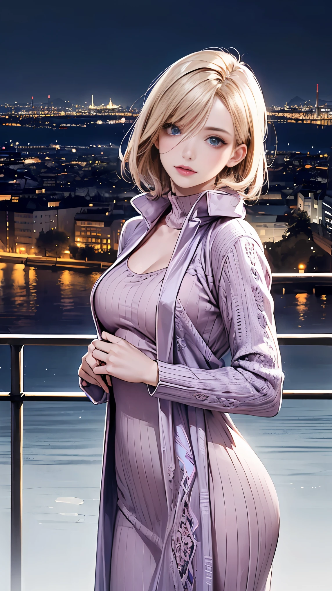 winter in japan, natural perm bob, (Blonde with pink inner color), She has beautiful sparkling purple eye color, masterpiece, highest quality,(realistic: 1.4),ultra high resolution, unity 8k, (beautiful and fine eyes:1.6),symmetry, highly detailed face, perfect lighting, (perfect hands, perfect anatomy), (city background:1.3), ((maxi knit dresses and gown coats:1.3))