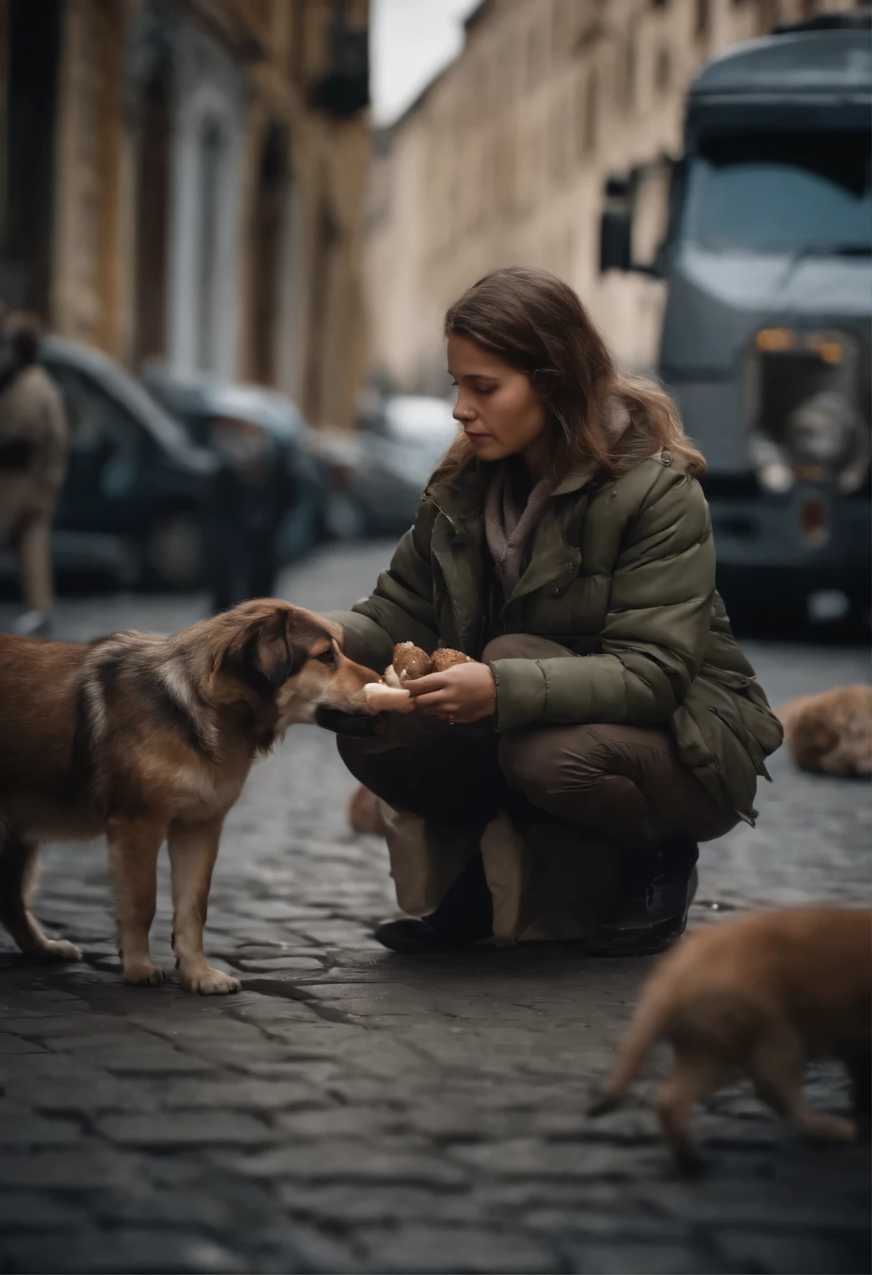 Girl feeding homeless animals, in the middle of a city where there is a war 