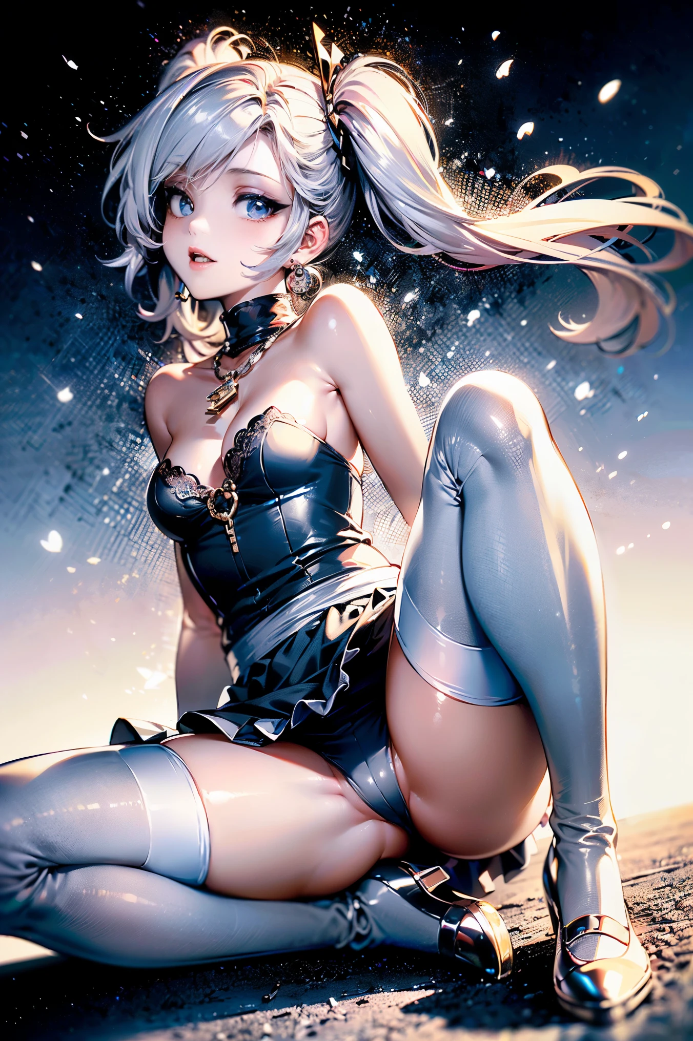 (master piece, high-quality, Mystical, long legs:1.2, ideal ratio of body proportions), (ultra high resolution, 8K RAW photo, photorealistics, natural lighting, textile shading), wideshot photo:1.6, (1 beautiful anime girl:1.3, , solo:1.5, milf:1.5, nsfw:1.25, full body:1.3), shinny skin, BREAK, ((alice in the wonderland:1.3, cuty, kawaii, lovely, funny, a girl falling down from sky:1.5, flying girl in sky:1.5, girl is floating in air:1.1, rolling up skirt by wind:1.5, (shamed:1.3), surprising, putting hands on crotch with apron:1.35)), BREAK, ((PlayingCards, Trump, tea cup, tea pot, tea spoons, small clock:1.3, lip sticks, candies:1.2, cookies, jam bottles, keys)), ((Royal-Blue dress :1.5, wearing long flaired skirt with blowing:1.3, White Apron, white stockings)), (medium long platinum-blonde hair:1.2, twin tail hair:1.6, tied hair with a large ribbon), (Blue eyes, bright pupils with highlights, detailed eyes), (lying down on your back:1.6, leaning backward:1.2, spreading legs with rising up straight:1.5), ((dutch angle:1.5, full body:1.3, ass focus:1.3, from below:1.5, unbalance posture)), fantastic colorful art, (fantasy image:1.5), ((correct anatomy:1.5, perfect anatomy:1.3, correct hand, small foot:1.2)),