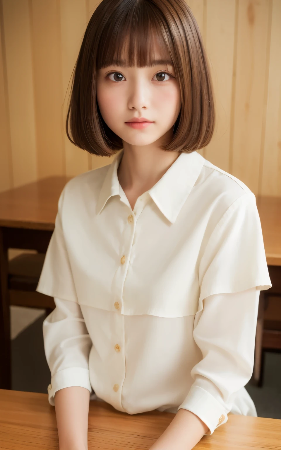 ((highest quality, 8K, table top: 1.3)), whole body, sharp focus: 1.2, 1 girl, 16 years old, 完璧な姿のcute女の子, cute, shy, beautiful thighs, ((layered haircut)), (White shirt with buttons: 1.1), Highly detailed face and skin texture, fine eyes