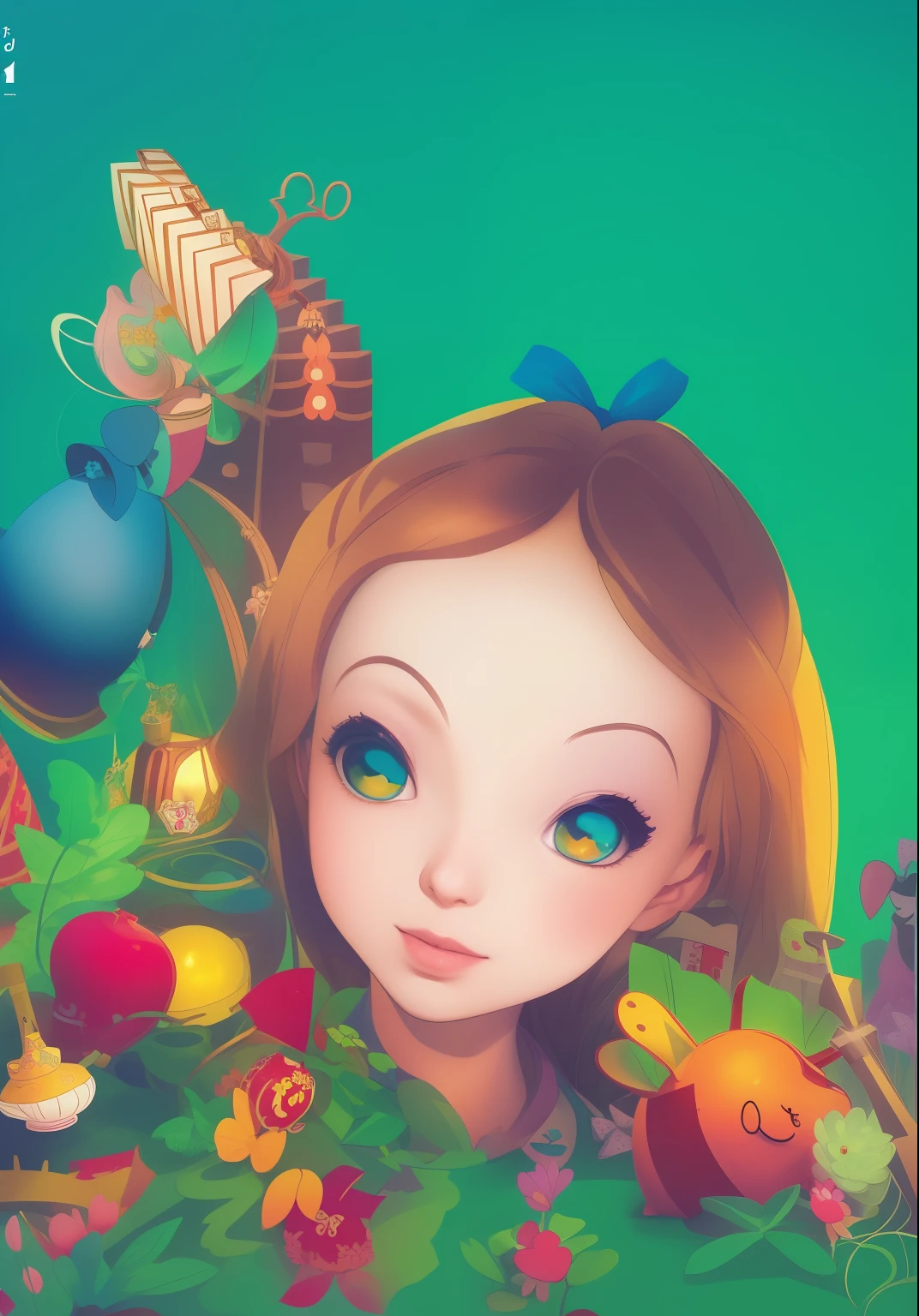uma capa de livro de desenho animado de Alice e o Chapeleiro Maluco, giant Alice in Wonderland, portrait of Alice in Wonderland, Alice in Wonderland syndrome, Alice in Wonderland, alice in the wonderland, Alice in Wonderland style, the theme of Alice in Wonderland, from Alice in Wonderland, Alice in Wonderland theme, inspirado em Alice Prin, like Alice in Wonderland