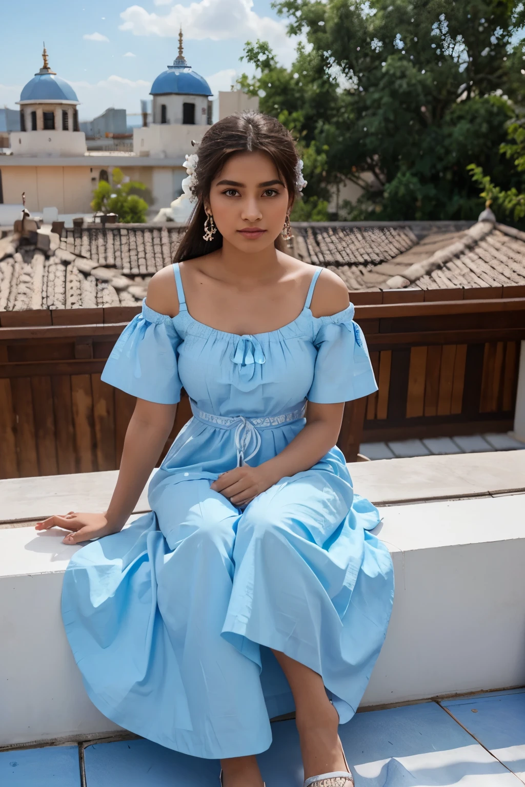 woman sitting on a white bench with a blue dress on, blue colored traditional wear, idian dress, traditional beauty, indian style, girl sitting on a rooftop, sits on a rooftop, regal pose, outdoor fine photography, light blue dress portrait, captured on canon eos r 6, edited, stunning elegant pose, photoshoot for skincare brand, shot on canon eos r5