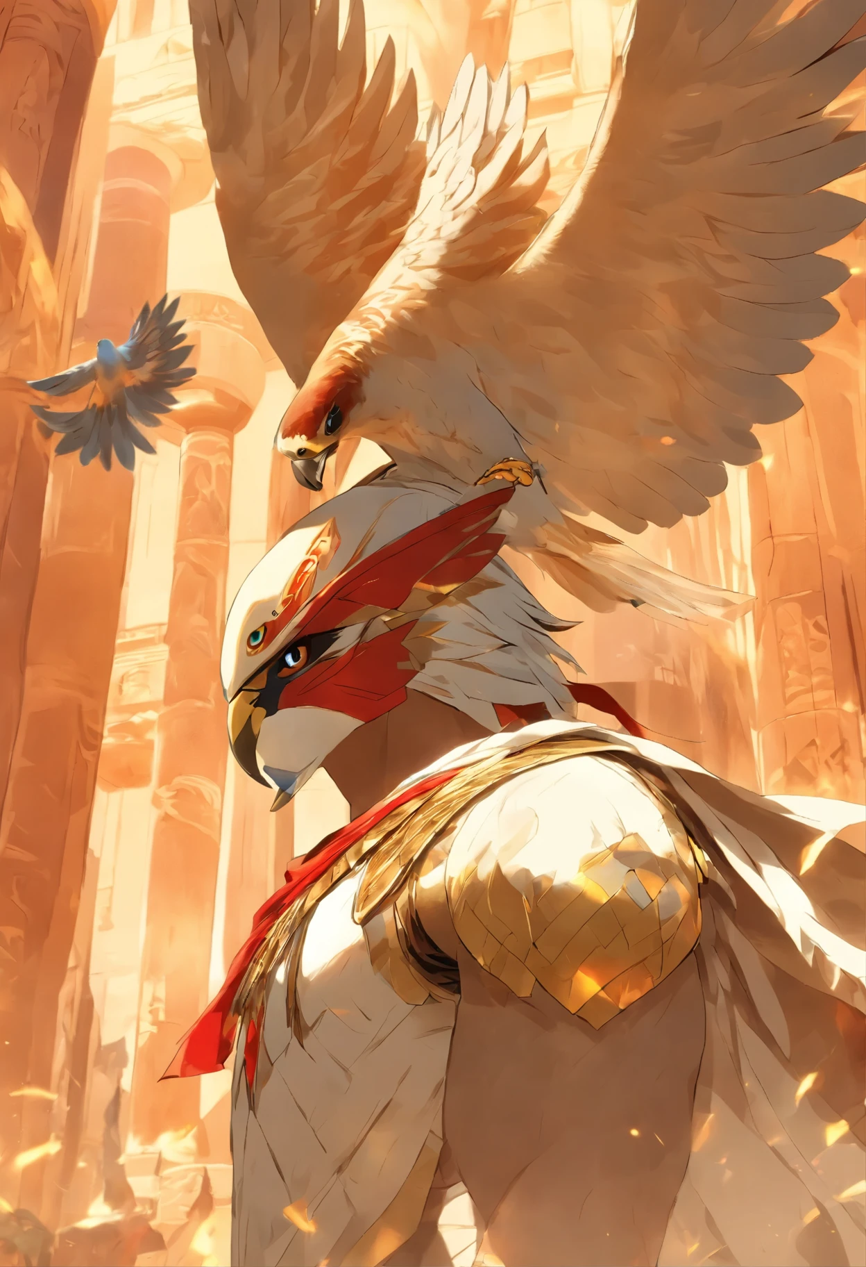 (((Man's body and falcon's head))) best quality, very high resolution, 4K detailed CG, master piece, Egyptian mythology,Atum-Ra, sun in the background,Ancient Egypt, standing pose, bird head, white clothes , Egyptian clothing, Egyptian temple, desert, Ancient Egypt, ((Falcon's head, man's body)), Egyptian palace, aesthetics, Beautiful image, centered on the screen, standing pose