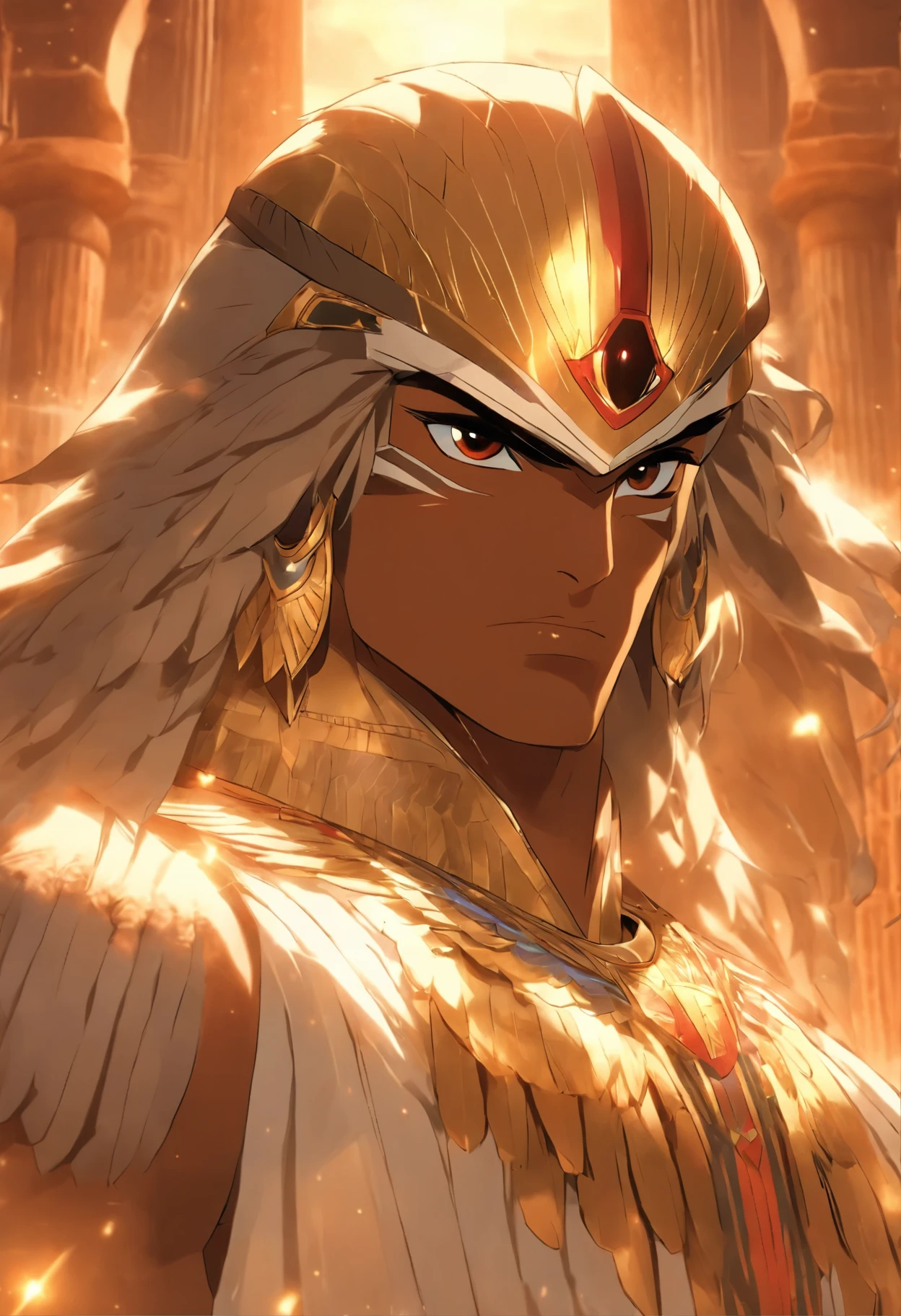 (((Man's body and falcon's head))) best quality, very high resolution, 4K detailed CG, master piece, Egyptian mythology,Atum-Ra, sun in the background,Ancient Egypt, standing pose, bird head, white clothes , Egyptian clothing, Egyptian temple, desert, Ancient Egypt, ((Falcon's head, man's body)), Egyptian palace, aesthetics, Beautiful image, centered on the screen, standing pose