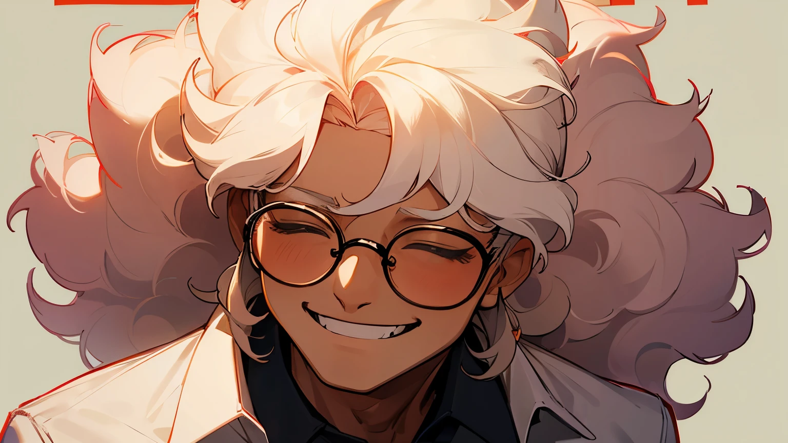 Man with big hair smiling in glasses with white polo shirt with asam written on it, with office background 