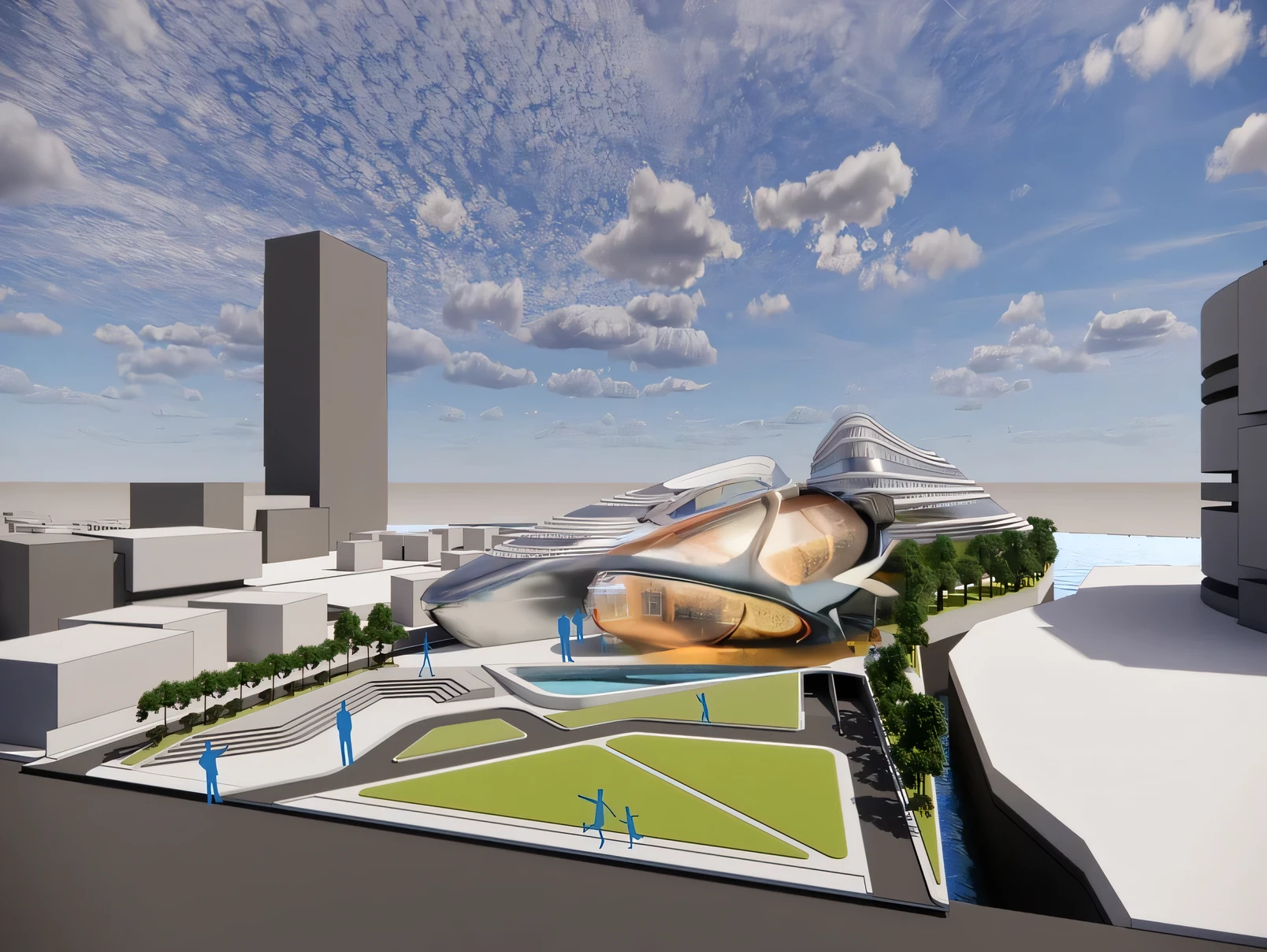 There is a 3D rendering of a futuristic city with futuristic buildings...,First reception building, in style of Zaha Hadid architect, Zaha Hadid architecture, in style of Zaha Hadid, Portal. Zaha Hadid, inspired โดย Zaha Hadid, Zaha Hadid style architecture, Inspiration from Zha Shibiao, tilt shift Zaha Hadid background, architecture Zaha Hadid, โดย Zaha Hadid, Russia'The city of the future still maintains its main story., Imagine a realistic futuristic city on an alien planet..... The city should consist of metal and glass structures.., With Angular and futuristic architecture. The witilo letter should be used as a design element in the architecture of the city...., Create interesting patterns and shapes..,reflection of material,Futuristic art building.