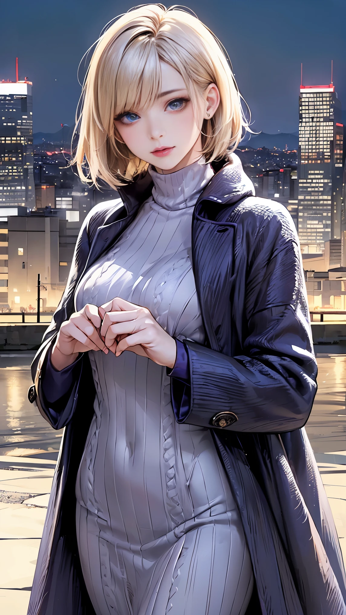 winter in japan, (natural perm bob:1.3, blonde hair), She has beautiful sparkling purple eye color, masterpiece, highest quality,(realistic: 1.4),ultra high resolution, unity 8k, (beautiful and fine eyes:1.6),symmetry, highly detailed face, perfect lighting, (perfect hands, perfect anatomy), (city background:1.3), ((maxi knit dresses and gown coats:1.3))
