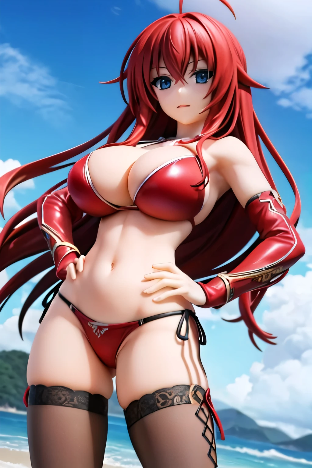 masterpiece, best quality, ultra-detailed, hires, beautiful, detailed hair and eyes, 1girl, red hair, long hair, ahoge,rias gremory dxd, very long hair, blue eyes, large breasts, red_bikini, hands in the hips,