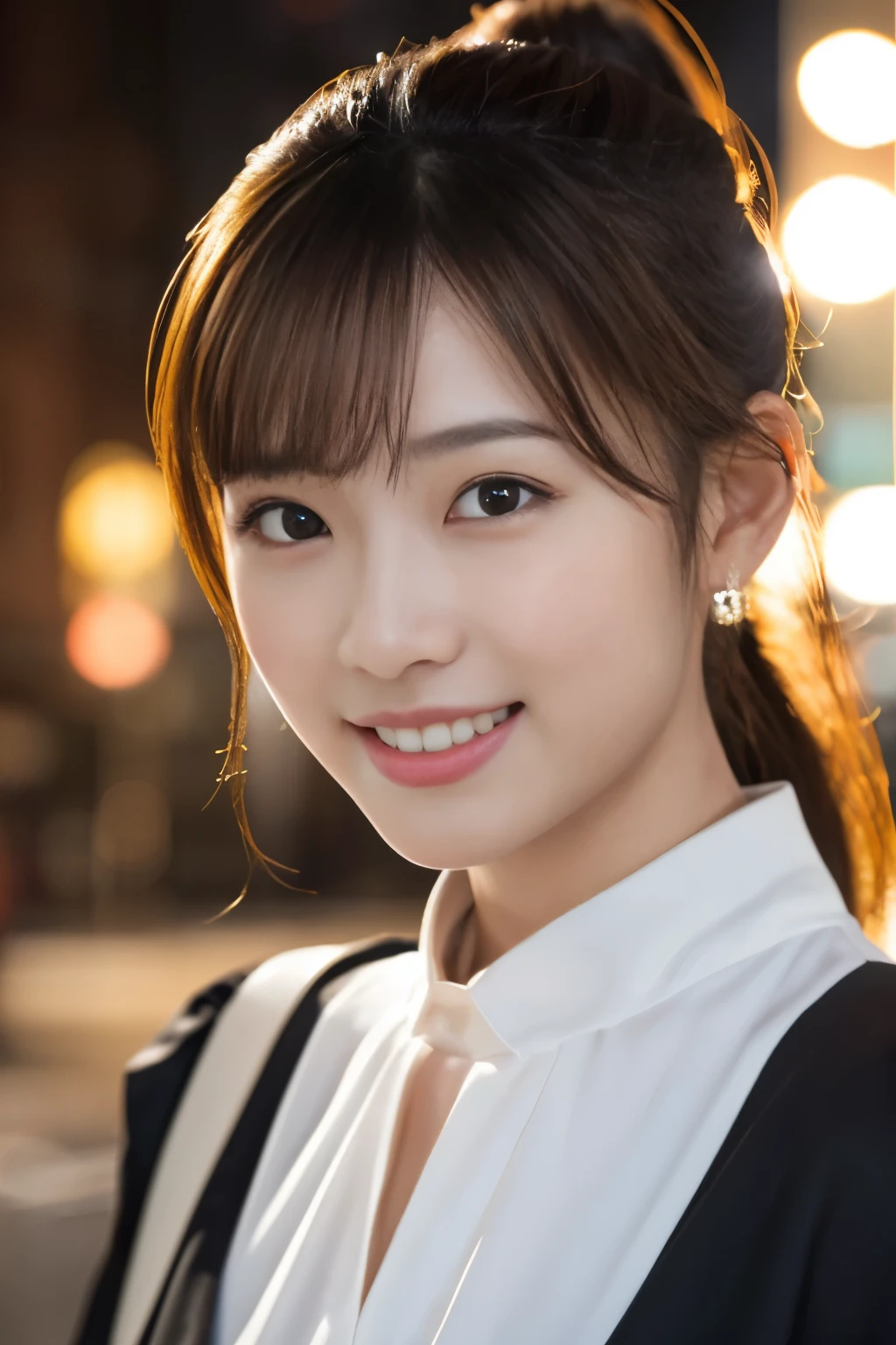 1 girl, (Wearing a black blouse:1.2), Beautiful Japan actress, (ponytail:1.3),
(RAW photo, highest quality), (realistic, Photoreal:1.4), masterpiece, 
very delicate and beautiful, very detailed, 2k wallpaper, wonderful, 
finely, very detailed CG Unity 8K 壁紙, Super detailed, High resolution, 
soft light, beautiful detailed girl, very detailed目と顔, beautifully detailed nose, beautiful and detailed eyes, cinematic lighting, 
break
(Against the backdrop of a snowy night cityscape 1.3), city lights, 
perfect anatomy, slender body, smile, Face the front completely, look at the camera