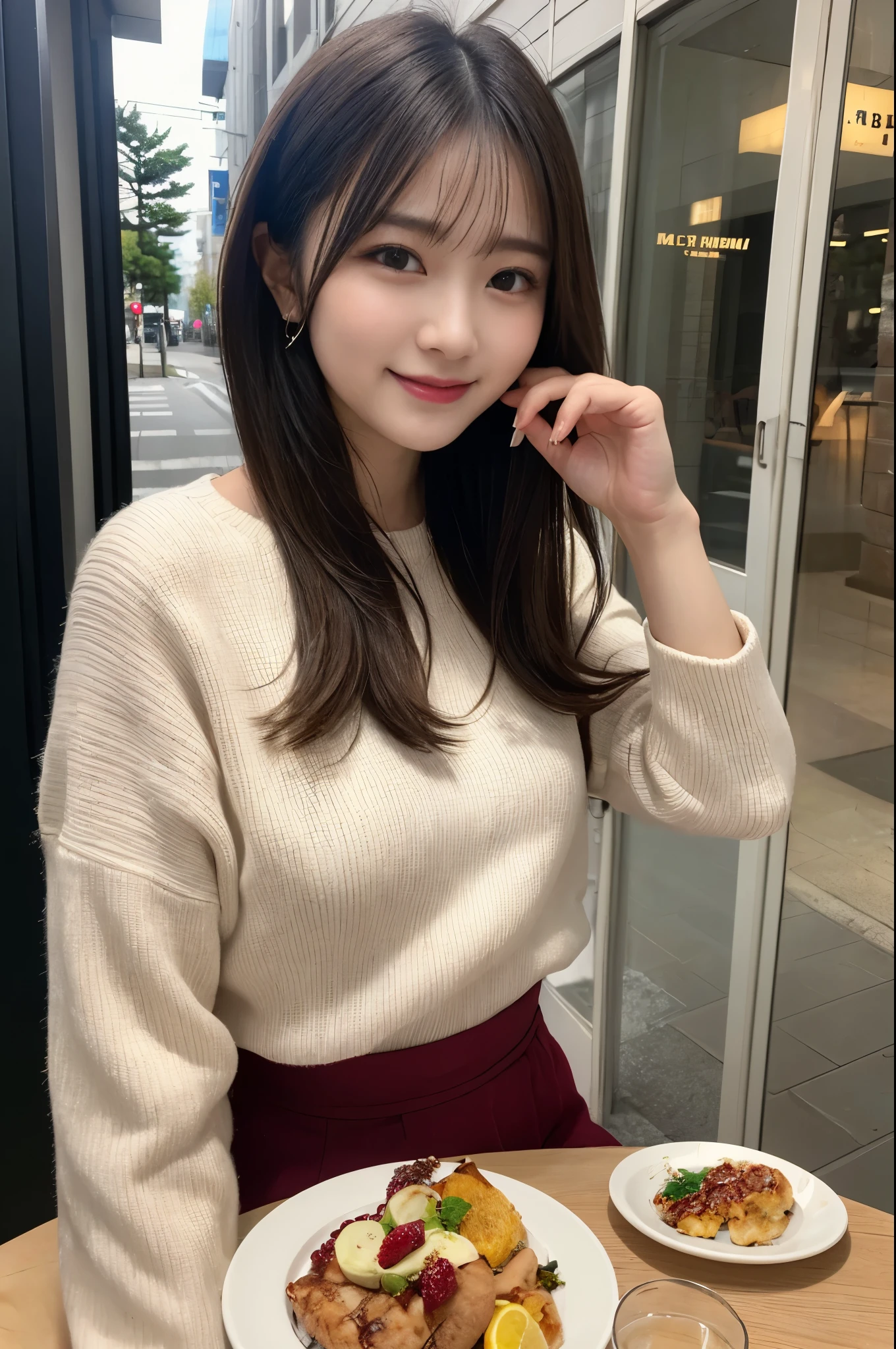 skin that looks real,finely, High resolution, high quality、完璧なダイナミックな構figure, beautiful and fine eyes, medium hair, 、natural color lip,Kamimei、Shibuya Ward、20 year old girl、1 person、transparent skin、shining hair、table top, 最high quality, figure, super detailed, finely, High resolution, 8K、correct state of the human body、squat、laughter,hair flying in the wind,thick,winter,your,Temperature 0°C,(cheers)、(wine)