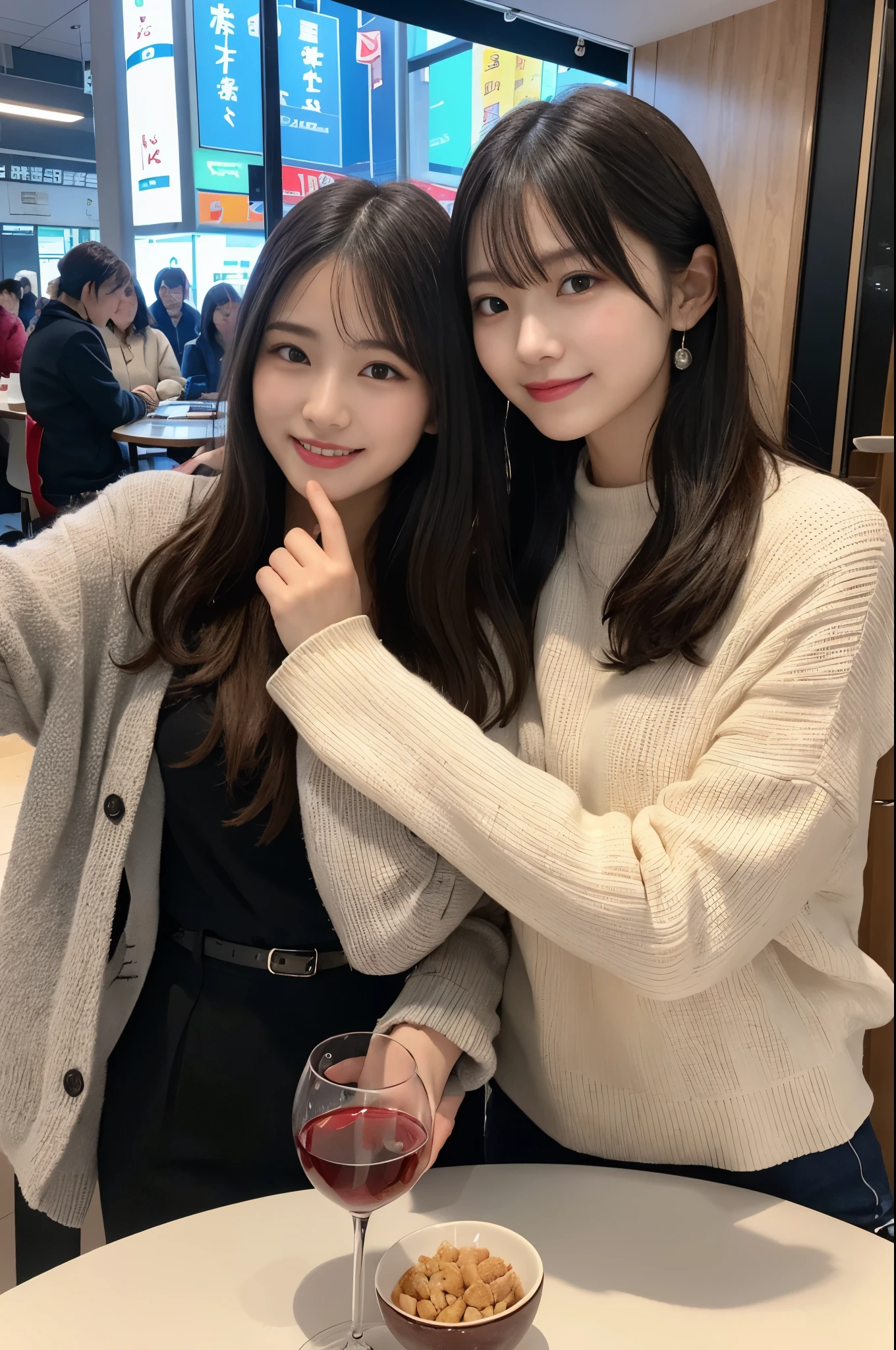 skin that looks real,finely, High resolution, high quality、完璧なダイナミックな構figure, beautiful and fine eyes, medium hair, 、natural color lip,Kamimei、Shibuya Ward、20 year old girl、1 person、transparent skin、shining hair、table top, 最high quality, figure, super detailed, finely, High resolution, 8K、correct state of the human body、squat、laughter,hair flying in the wind,thick,winter,your,Temperature 0°C,(cheers)、(wine)